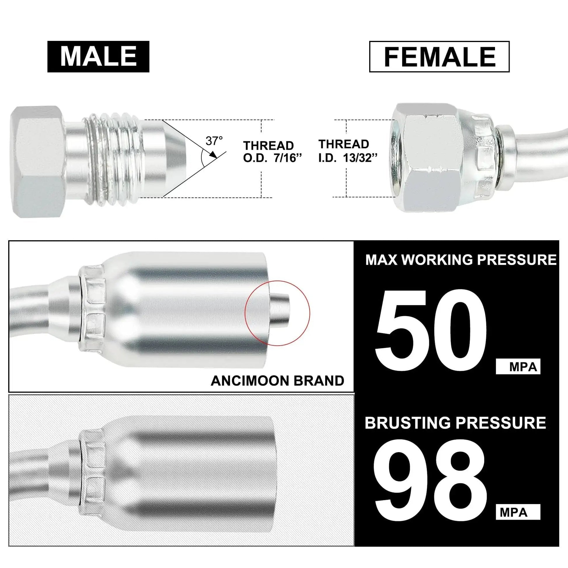 Quarter Inch Hydraulic Fittings 90 Degree JIC Hose Crimp Kit, male and female swivel ends, ANCIMOON brand, pressure specs shown
