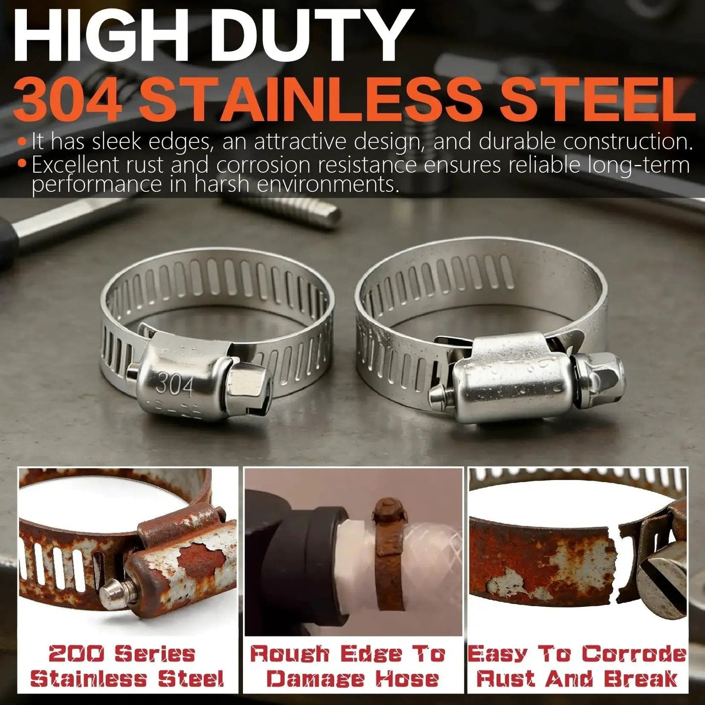 Pro Grade 185 Piece 304 Stainless Steel Anti Rust Hose Clamp Kit showing two stainless clamps, one rusted, demonstrating durability.