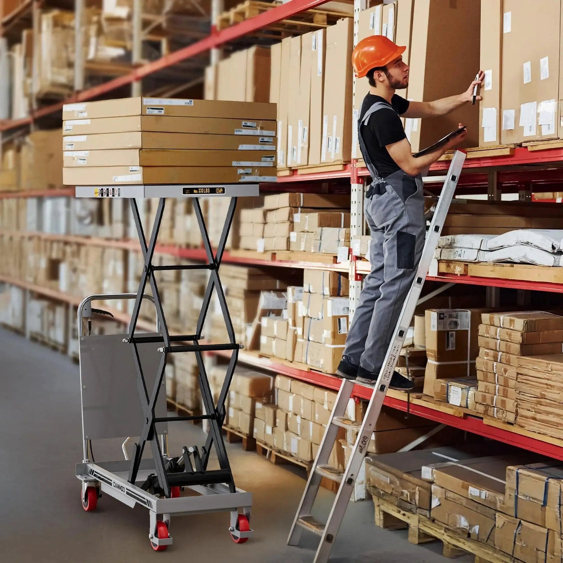 Hydraulic Lift Table Cart 330 Lbs Capacity 49.6 Inch Lift With Non Slip Pad in use lifting boxes in a warehouse
