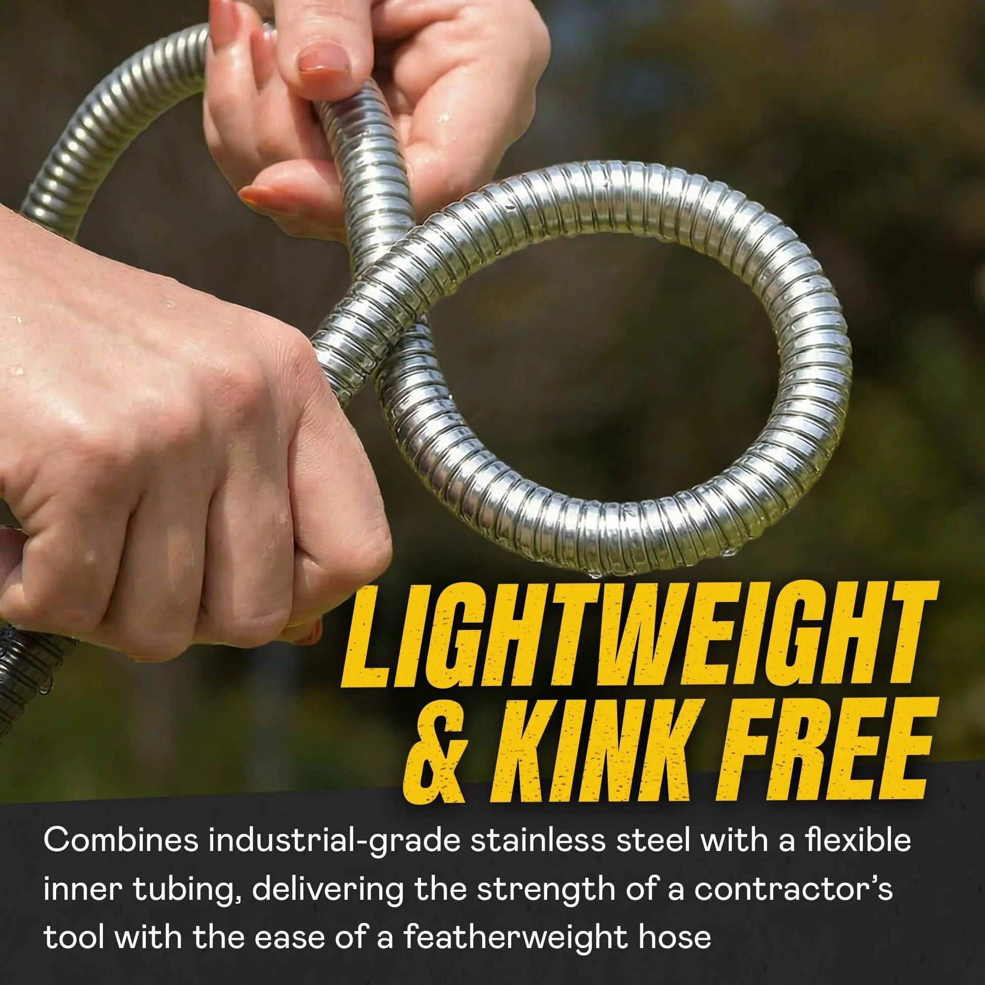 Hands holding a coiled Ultra Durable 50 Ft Five Eighth Inch Stainless Steel Garden Hose With Sprayer Nozzle For Heavy Duty Watering, Non Kinking Design, showing its flexibility.