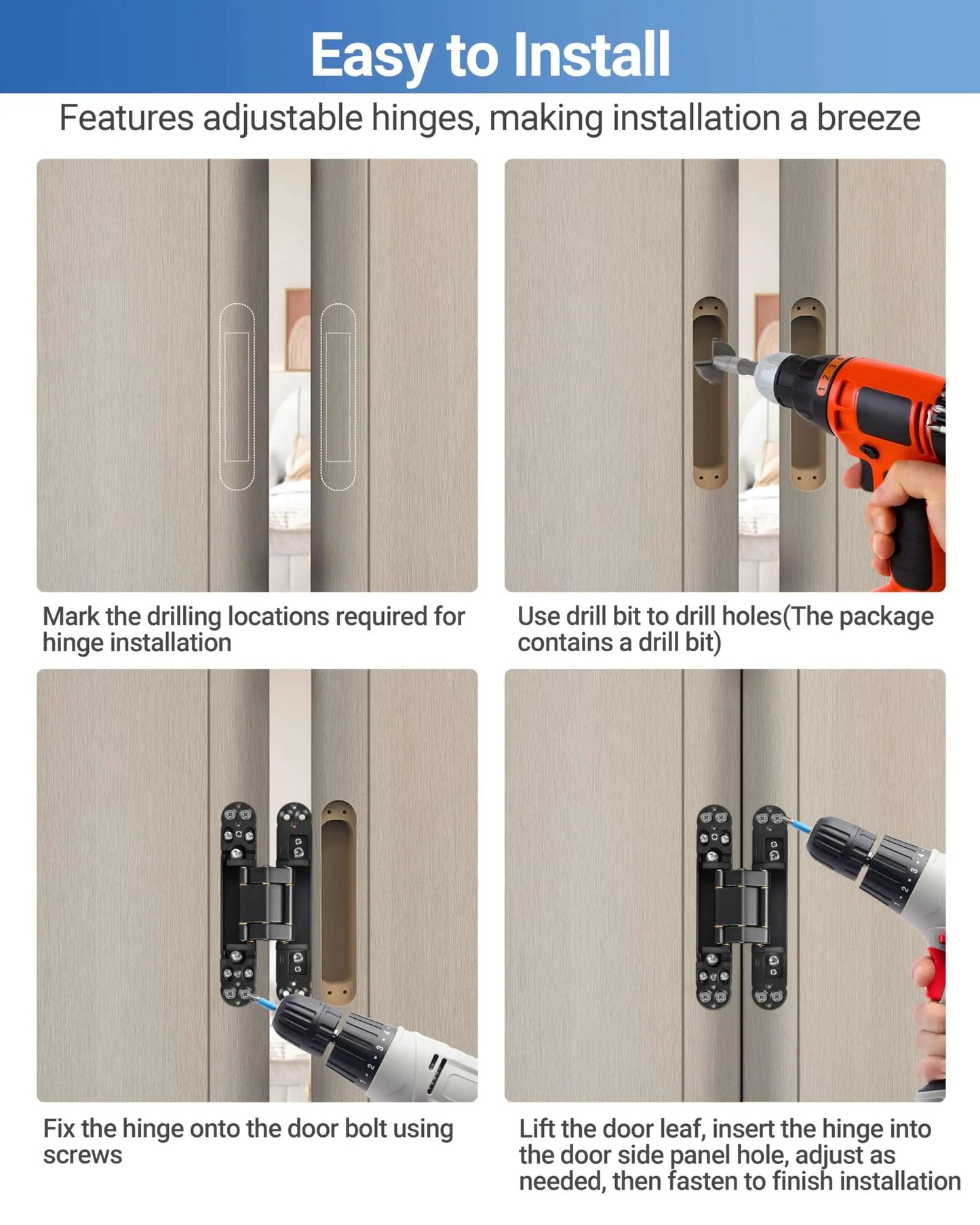 Step-by-step guide for installing heavy duty concealed door hinges 7 inch black set of 2 with drill instructions