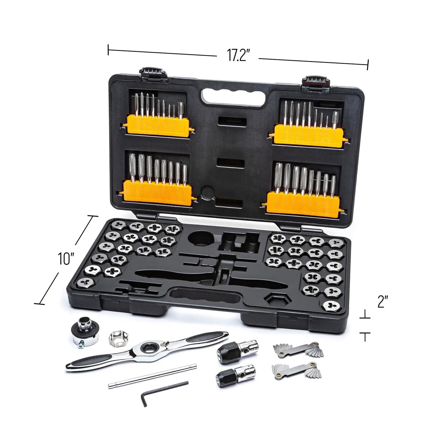 77 Piece SAE And Metric Ratcheting Tap And Die Set With Twist Lock Guide System And 5 Degree Swing Arc Reversing Lever T Handles GearWrench Model 3887 in open case showing components