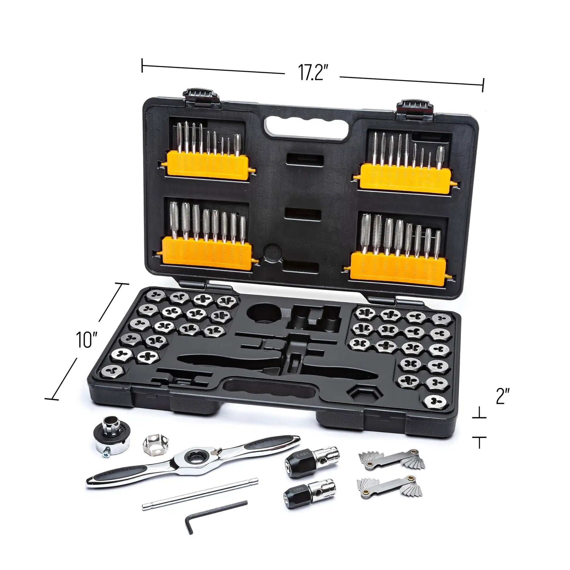 77 Piece SAE And Metric Ratcheting Tap And Die Set With Twist Lock Guide System And 5 Degree Swing Arc Reversing Lever T Handles GearWrench Model 3887 in open case showing components