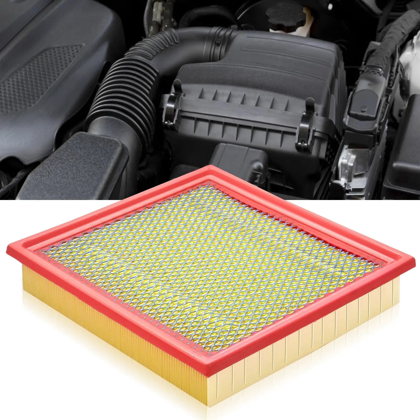 Engine Air Filter Replacement For Ford Expedition F150 F250 F350 And Lincoln Navigator 2007 To 2021, close-up view with red frame.