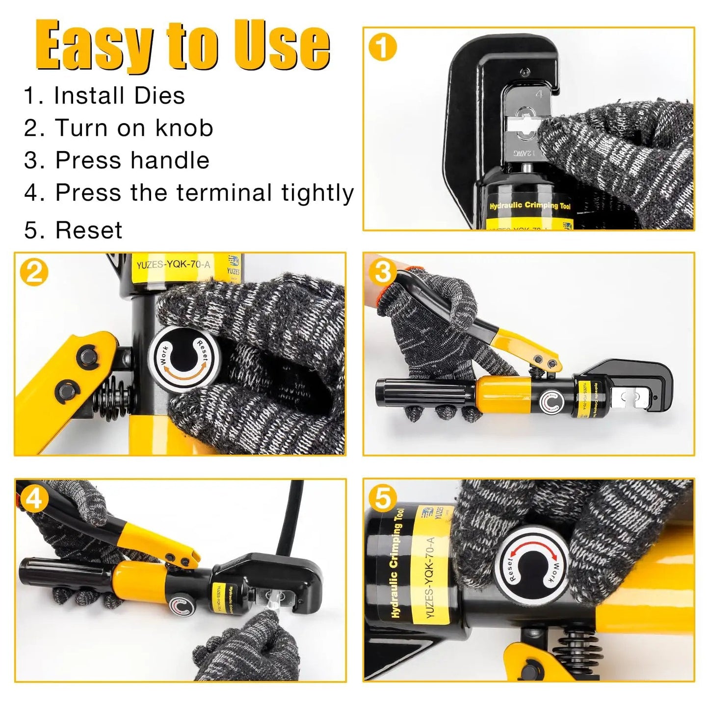 Beefy Heavy Duty Hydraulic Crimping Tool And Cable Cutter For 12 AWG To 2/0 AWG 10 Ton Battery Crimper instructions and use