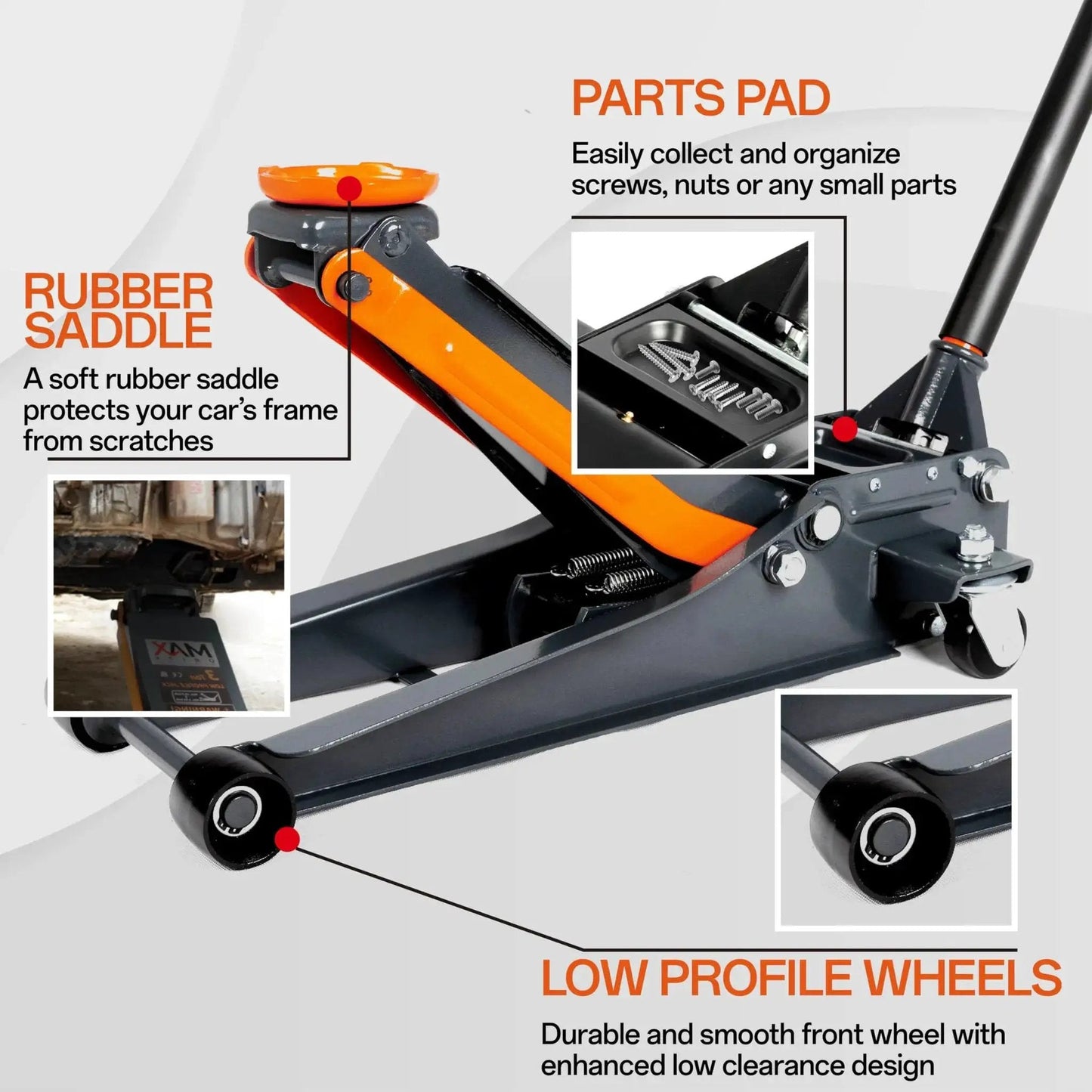 Low Profile 3 Ton Hydraulic Floor Jack With Dual Pistons And Quick Lift with rubber saddle and parts pad features visible