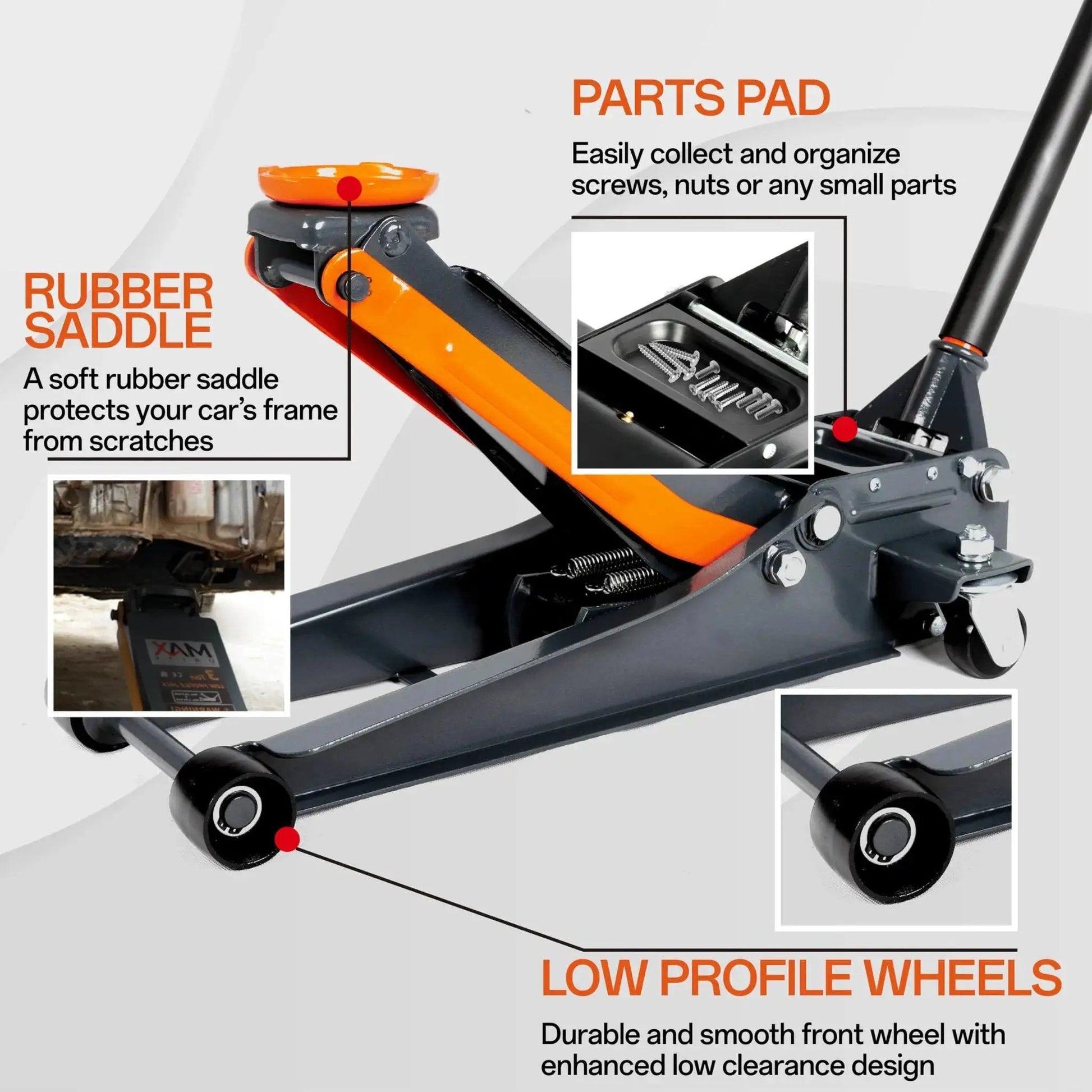 Low Profile 3 Ton Hydraulic Floor Jack With Dual Pistons And Quick Lift with rubber saddle and parts pad features visible