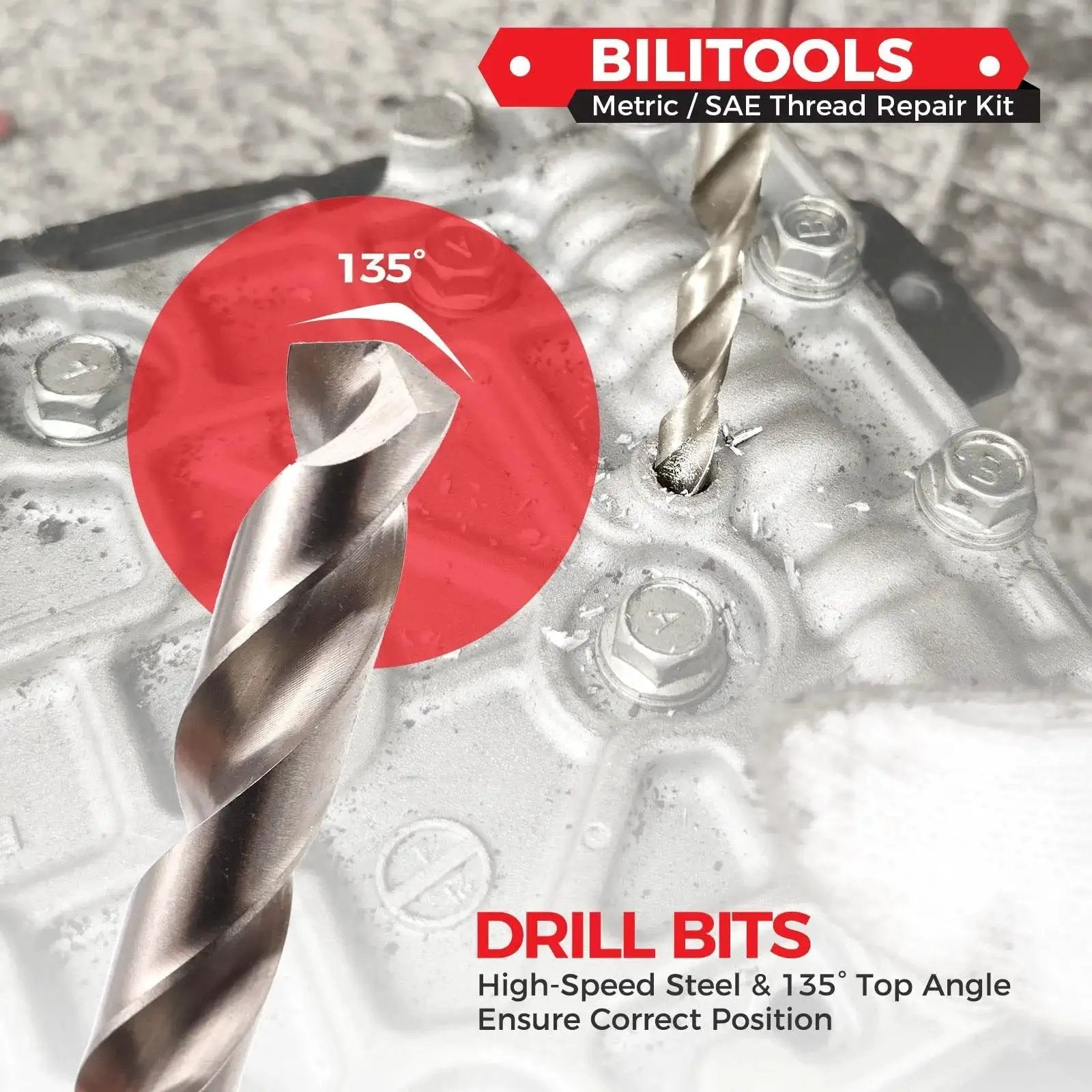Close-up of a high-speed steel drill bit from M6x1.0 Thread Repair Kit With HSS Drill For Helicoil Inserts, showing 135° top angle.