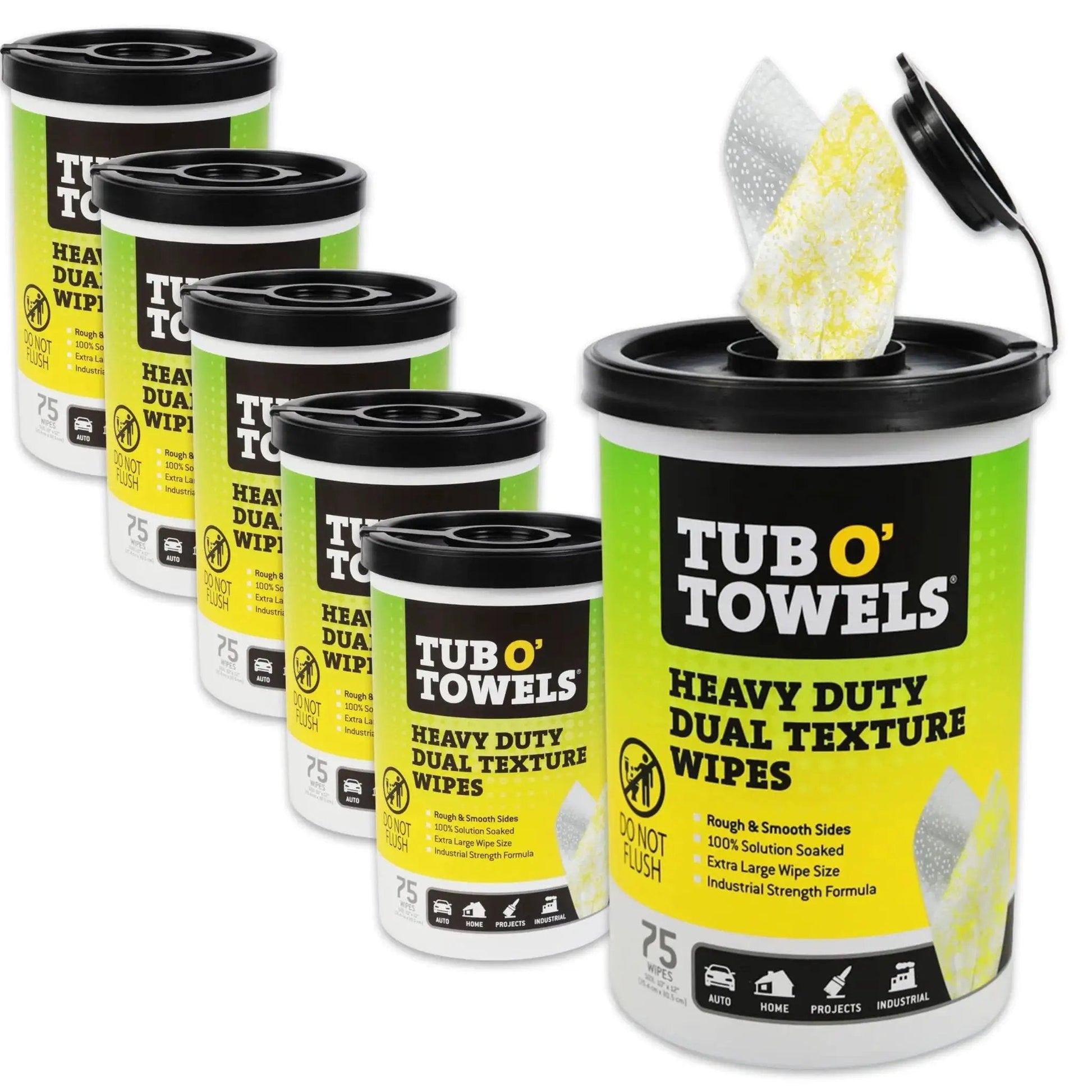 Heavy Duty Dual Texture Wipes 10x12 Inches For Multi Surface Use 75 Count 6 Pack in canisters