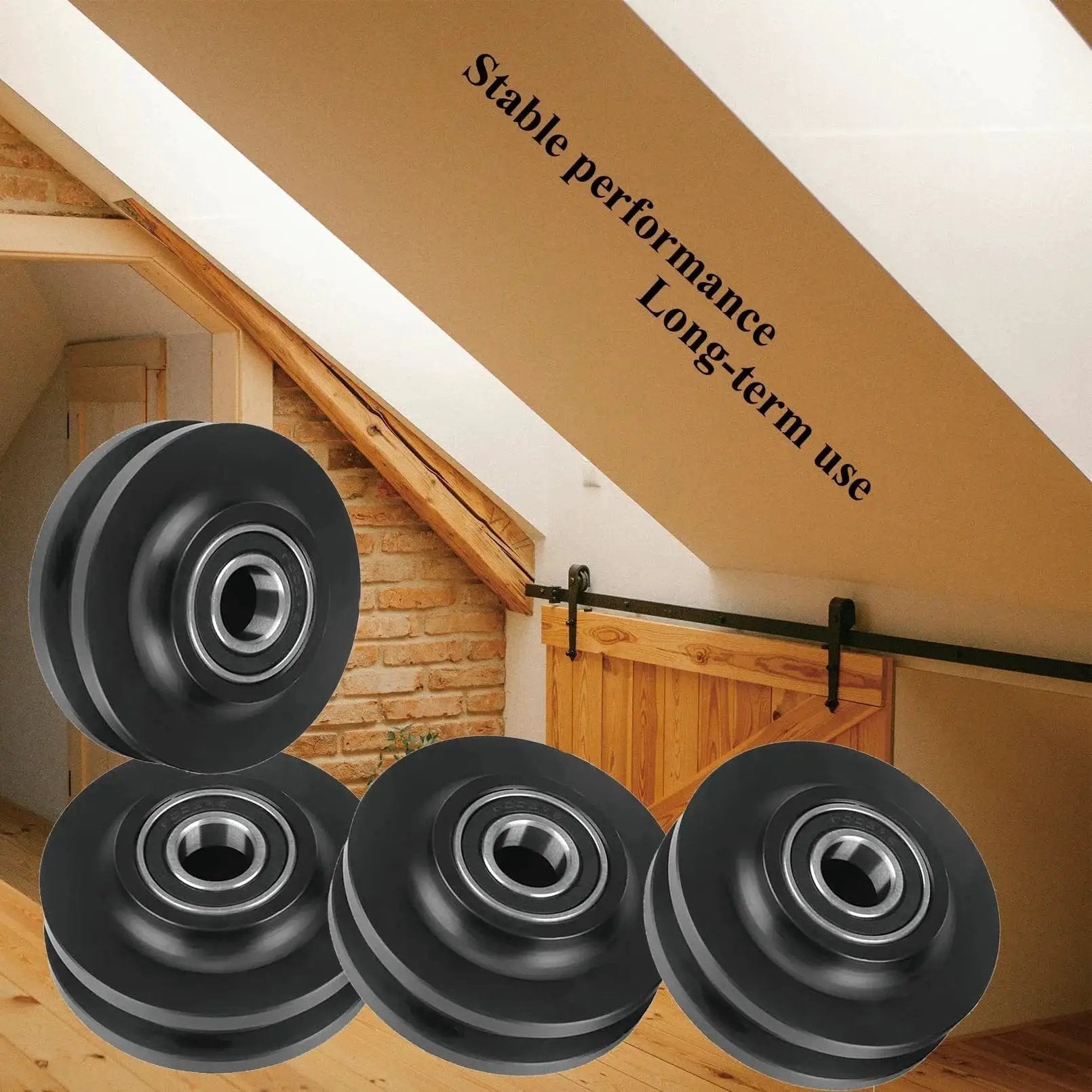 Heavy Duty Sliding Barn Door Wheel Set for Cabinets and Windows, Quiet Smooth Roller Pulleys, 4 pieces, in attic setting