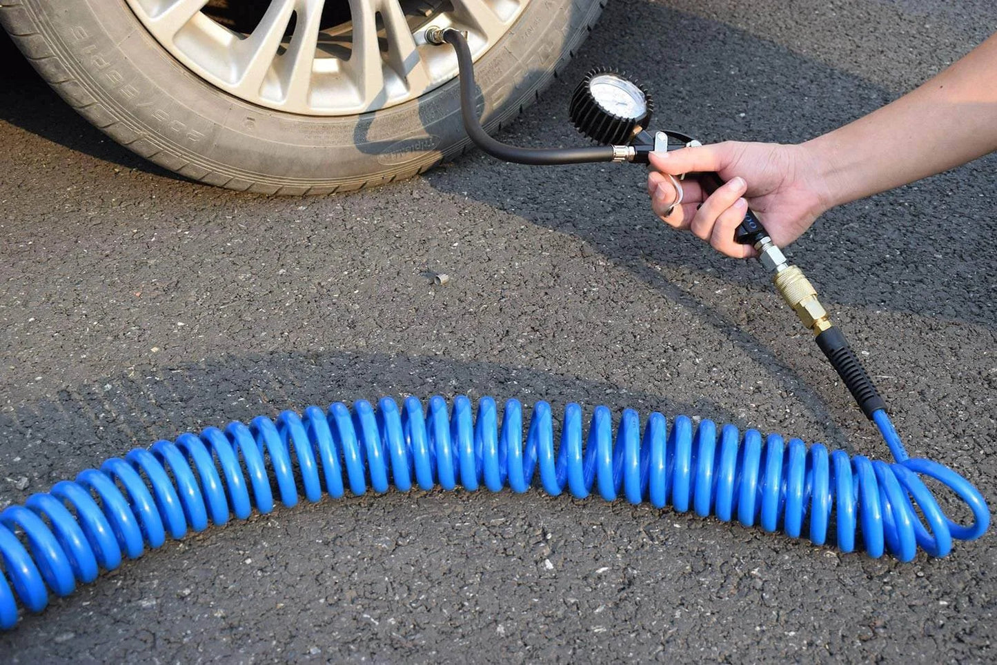 Polyurethane Recoil Air Hose One Quarter Inch Inner Diameter By Twenty Five Feet With Bend Restrictor And Industrial Quick Coupler And Plug Blue
