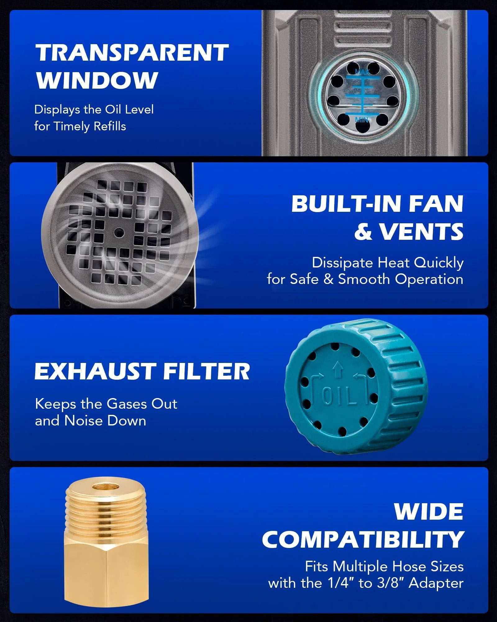 Detailed view of features: transparent window for oil level, built-in fan and vents, exhaust filter, and hose adapter.