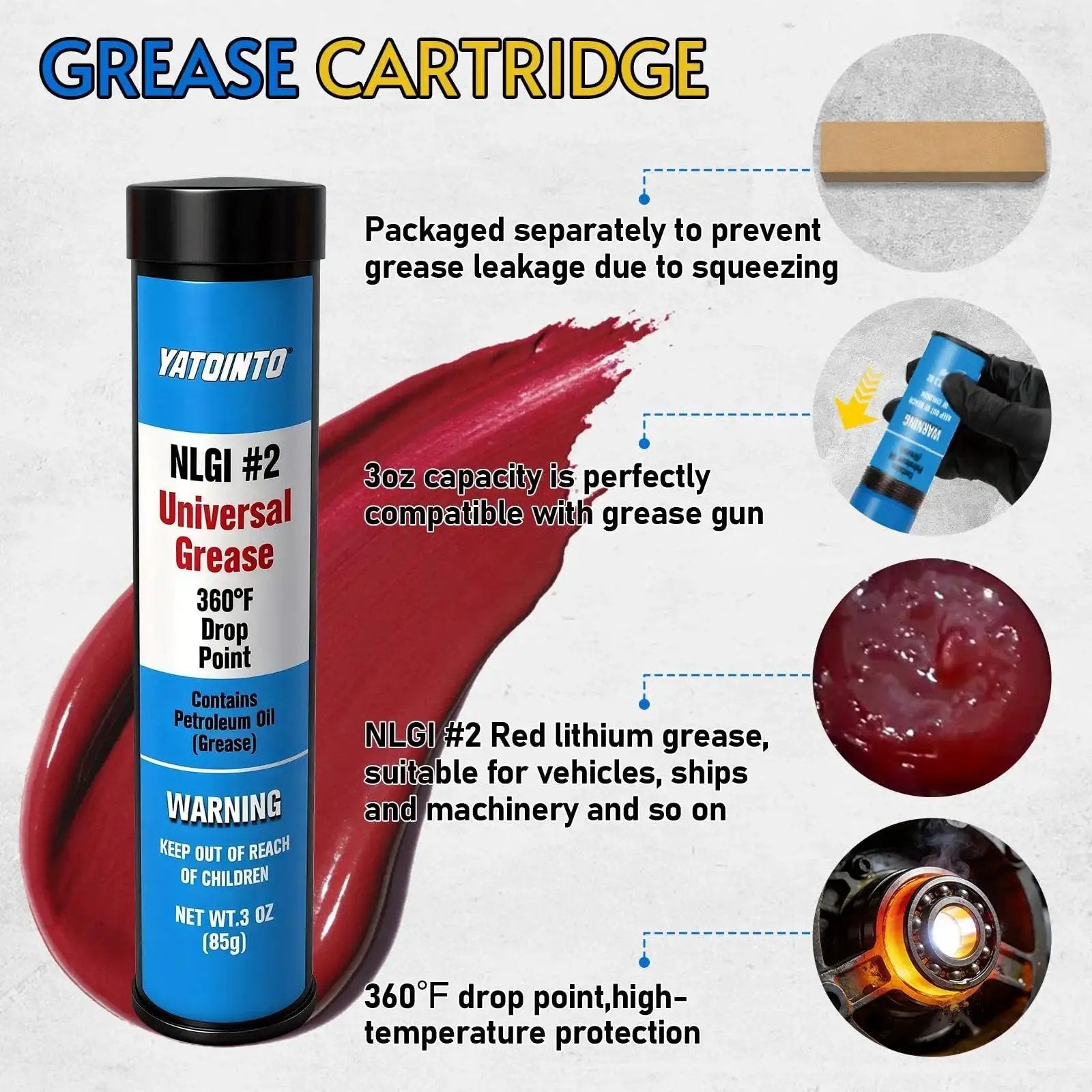 NLGI #2 universal grease cartridge with 3oz capacity and illustrations showing features like 360°F drop point and compatibility.