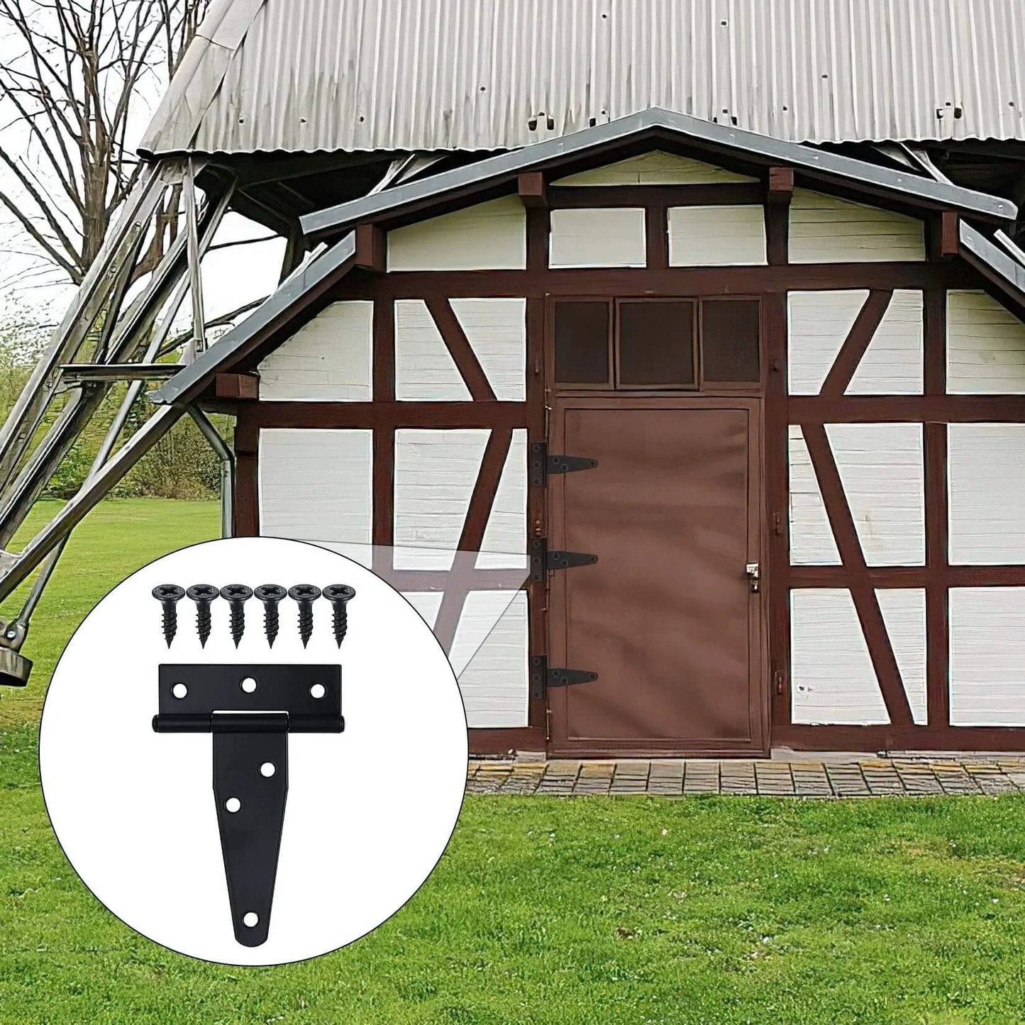Heavy Duty T Strap Gate Hinges For Outdoor Doors Fences Barns And Sheds Black 12 Pack 3 Inch Durable Iron Hinges in use on barn door