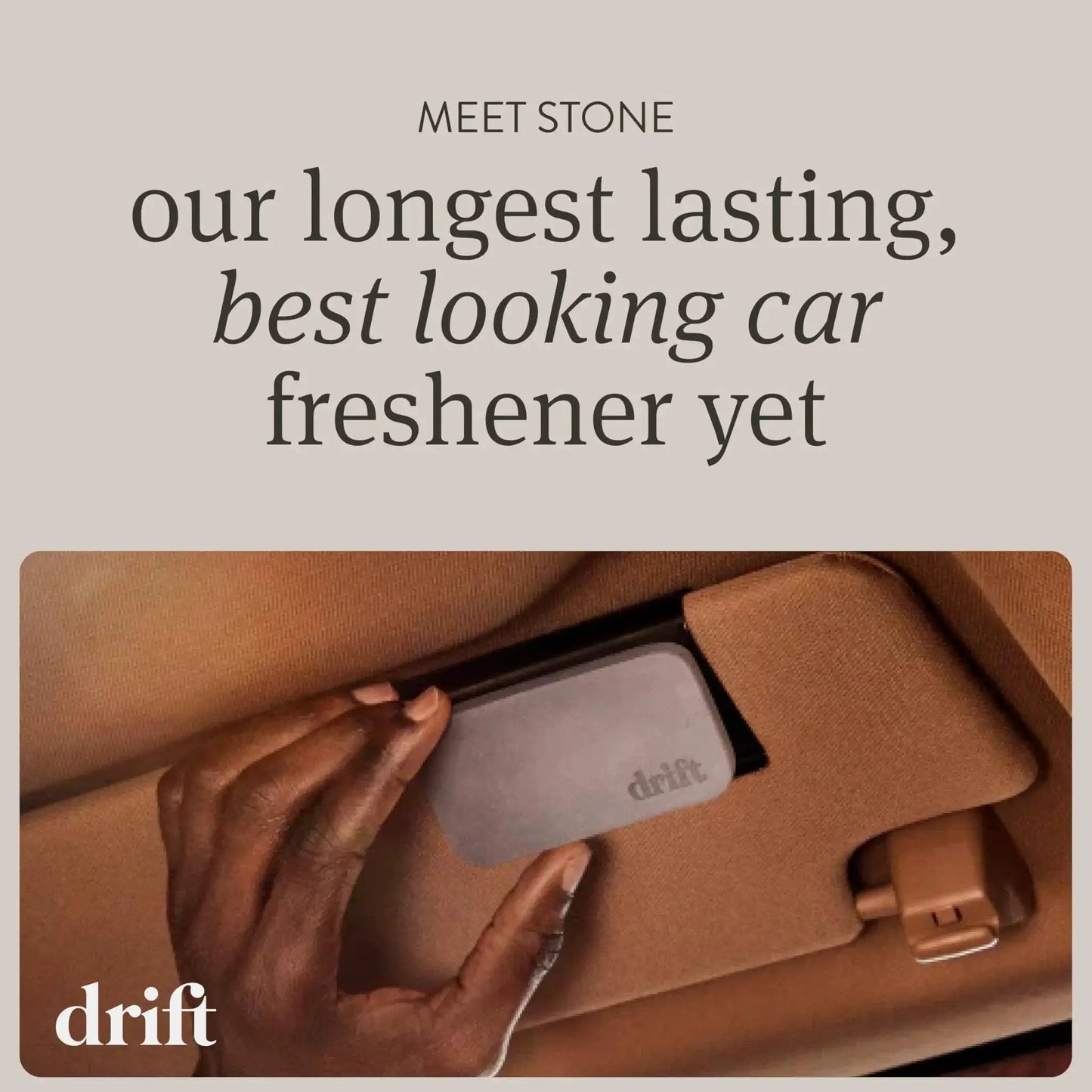 Stone Car Air Freshener With Metal Clip And Cabana Scent Starter Kit installed on car visor