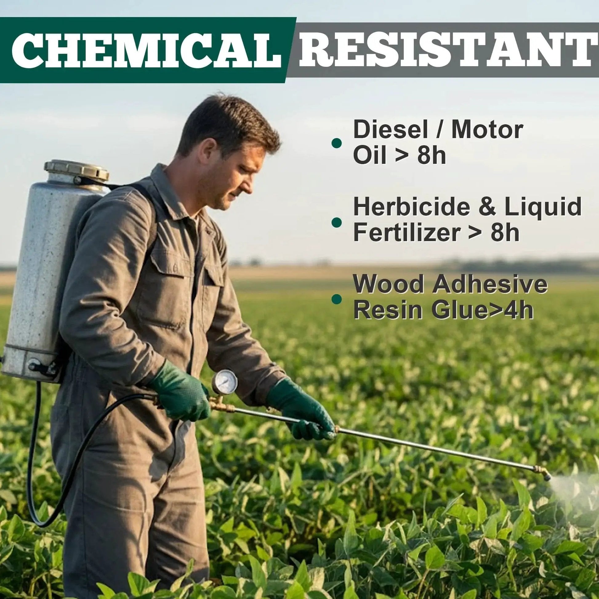 Man using sprayer in field wearing Heavy Duty 8 Mil Nitrile Gloves With Raised Diamond Grip Dark Green Latex Free for chemical resistance.