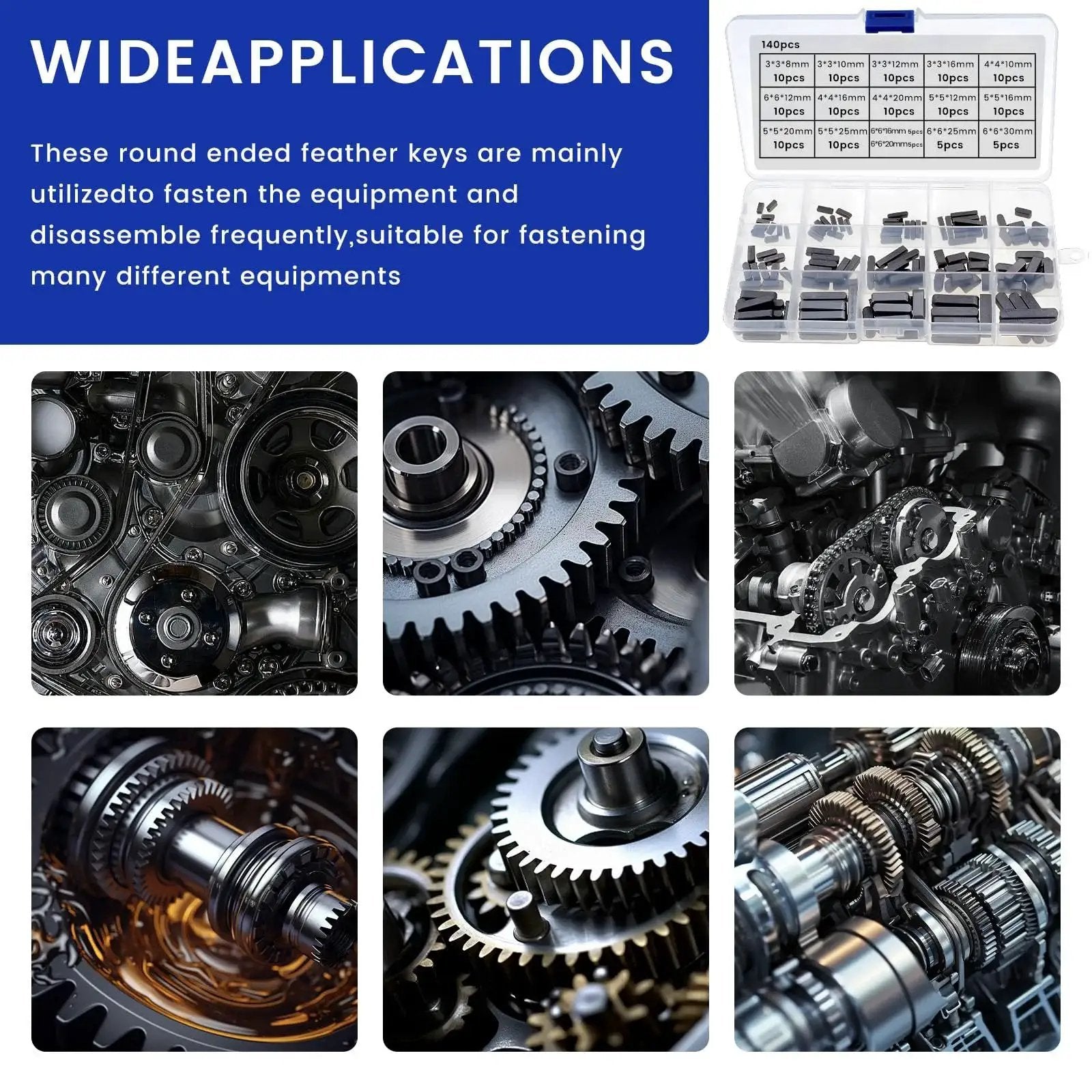 Versatile Pulley Keyway And Drive Shaft Key Set With 140 Pieces in sizes from 3mm to 12mm shown with machinery gears