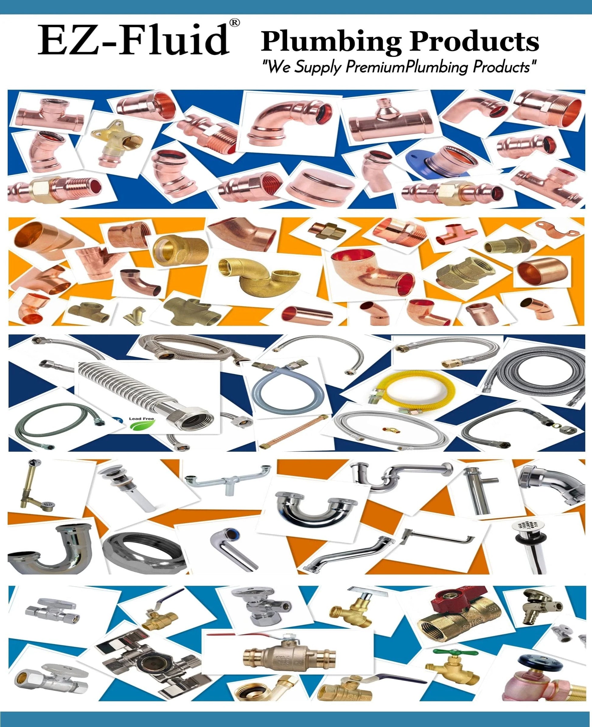 Variety of EZ-FLUID plumbing products including Ten Pack Lead Free Copper 90 Degree Elbow Press Fittings for ProPress connection.