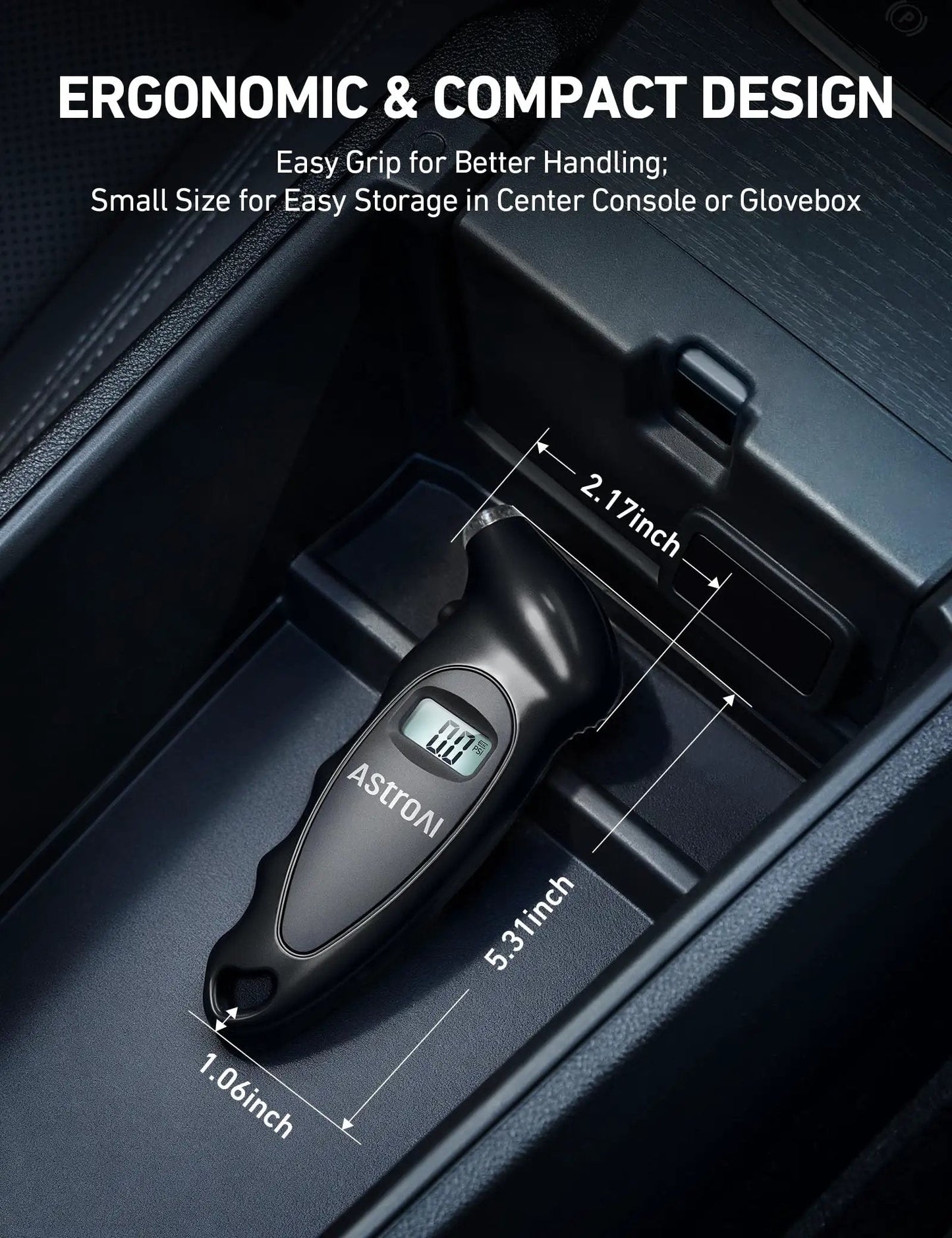 Digital Tire Pressure Gauge 0-150 PSI With Backlit LCD Accurate 0.1 PSI Increments Presta Valve Adaptor 4 Units Of Measurement AAA Battery Powered Car Truck Bicycle Black, compact design showing dimensions in a car.