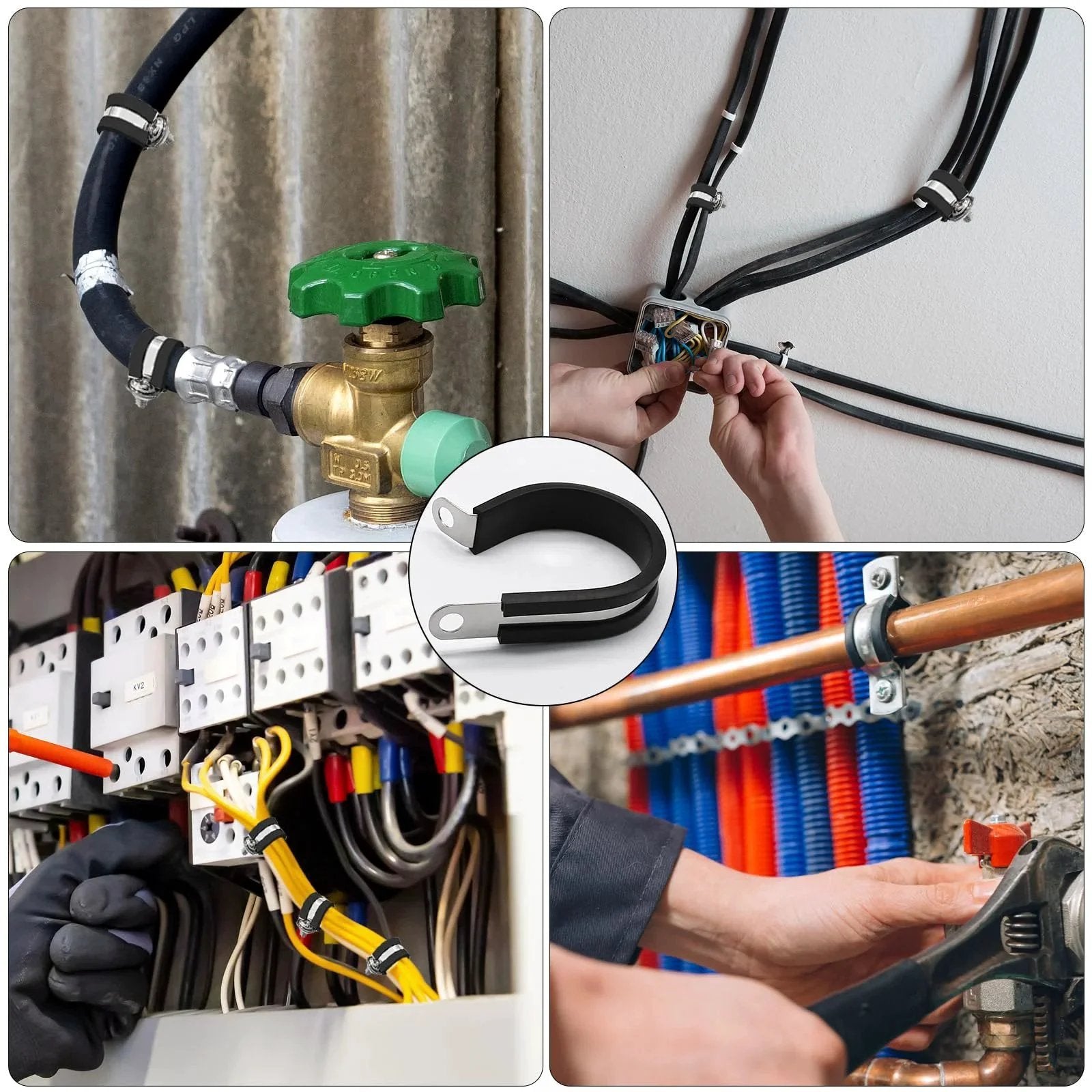 12 Pack One And A Half Inch Cable Clamps With Rubber Cushioned Insulation And 304 Stainless Steel Construction For Securely Mounting Pipes And Hoses Durable Wire Clamps For RV Automotive Marine And Industrial Use 38.1 mm showing applications in various environments.