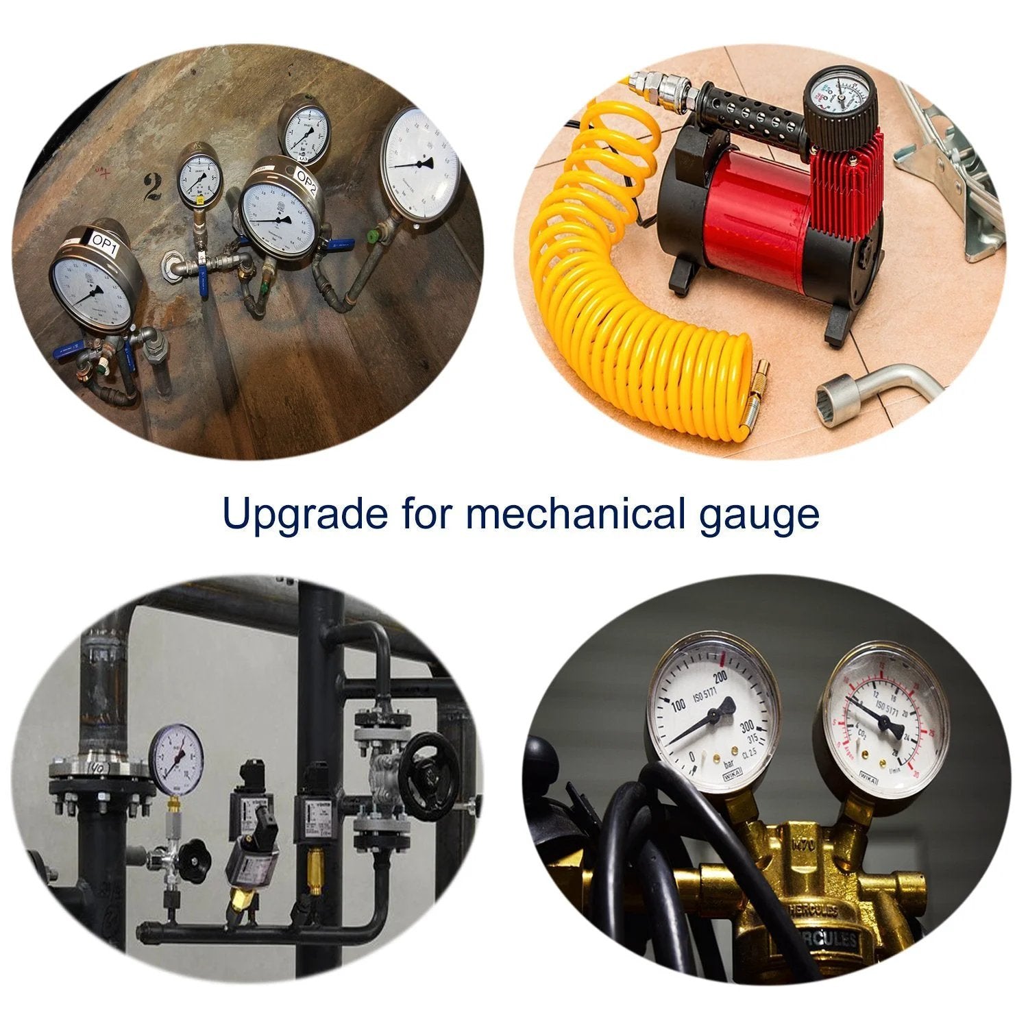 Collage of mechanical gauges and air pump, showcasing upgrade options for different industrial setups.