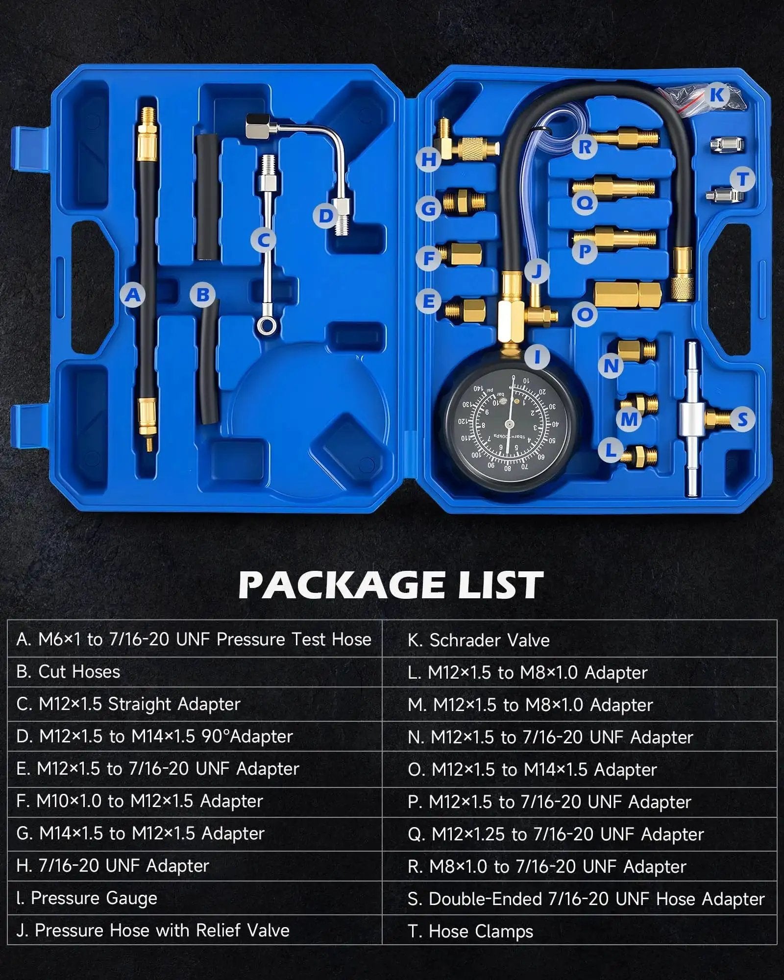 Fuel Pressure Test Kit 0 To 140 PSI With Hoses And Adapters For Cars Trucks in a blue plastic case with gauge and connectors.