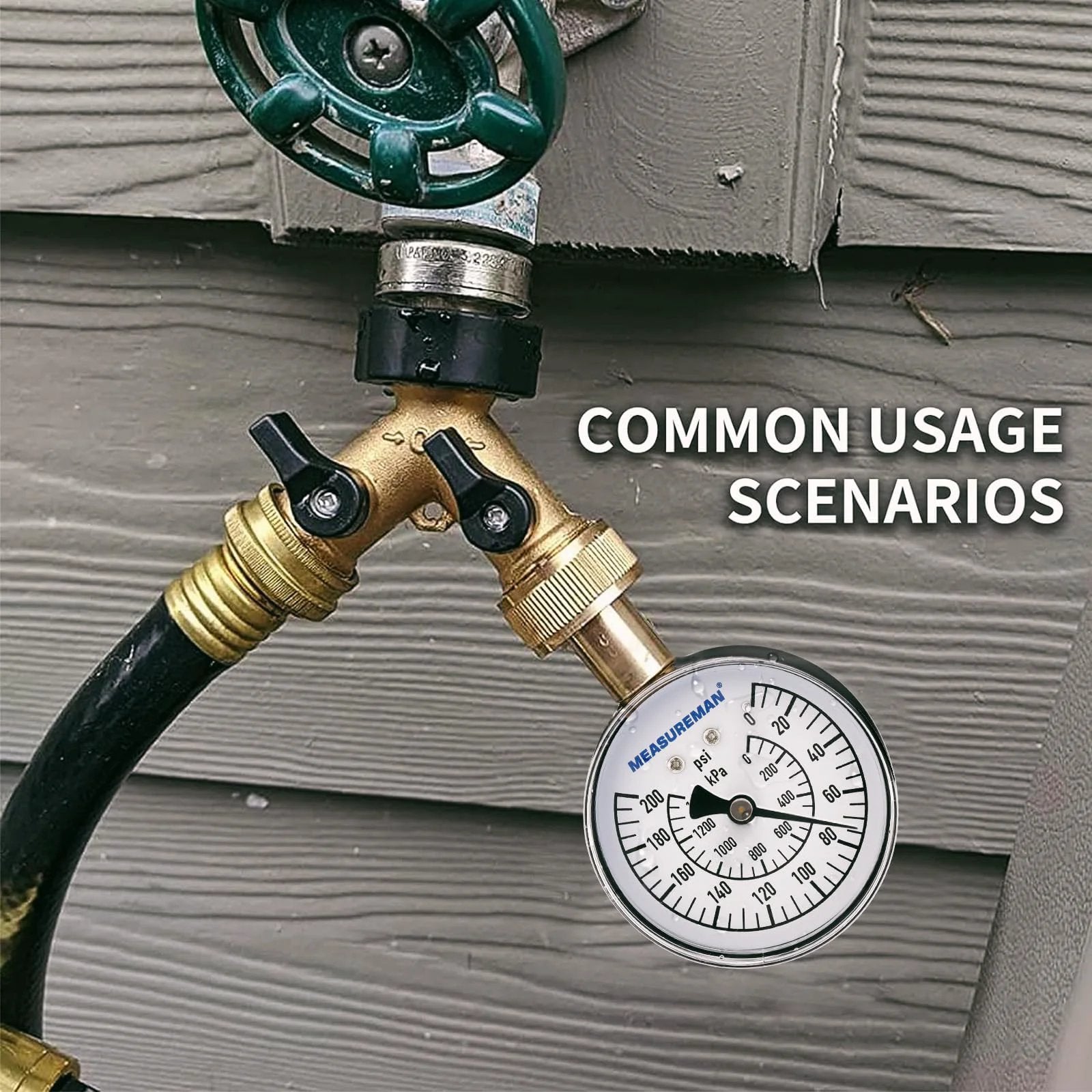 Water Pressure Gauge 0 To 200 PSI With Two And A Half Inch Dial And Three Quarter Inch Hose Thread Built Tough In A Waterproof Case For Home Hose Bibs Easy Read Plumbing Meter For Outdoor Water Systems installed on a hose bib