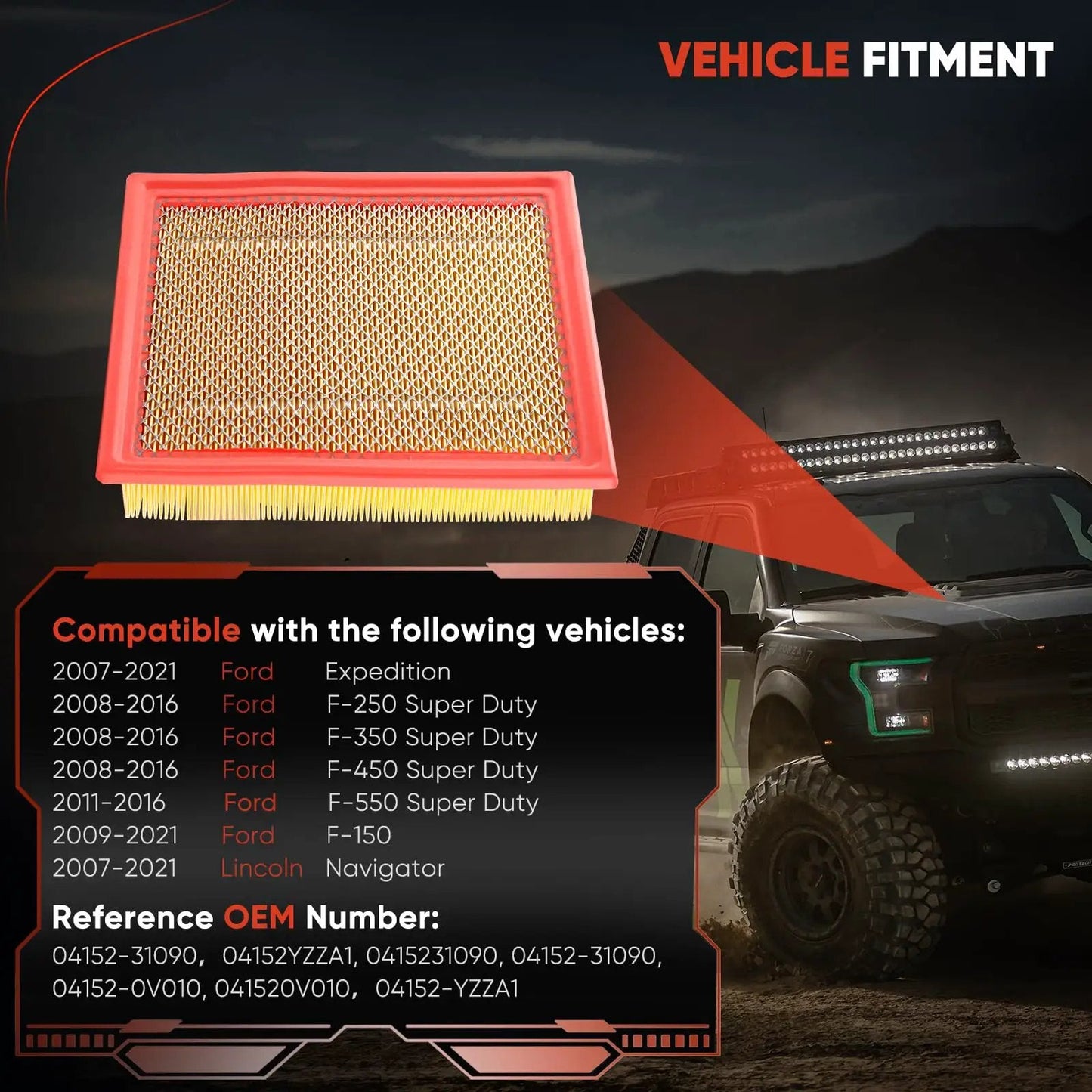 Engine Air Filter Replacement For Ford Expedition F150 F250 F350 And Lincoln Navigator 2007 To 2021, showing filter design and fitment details.