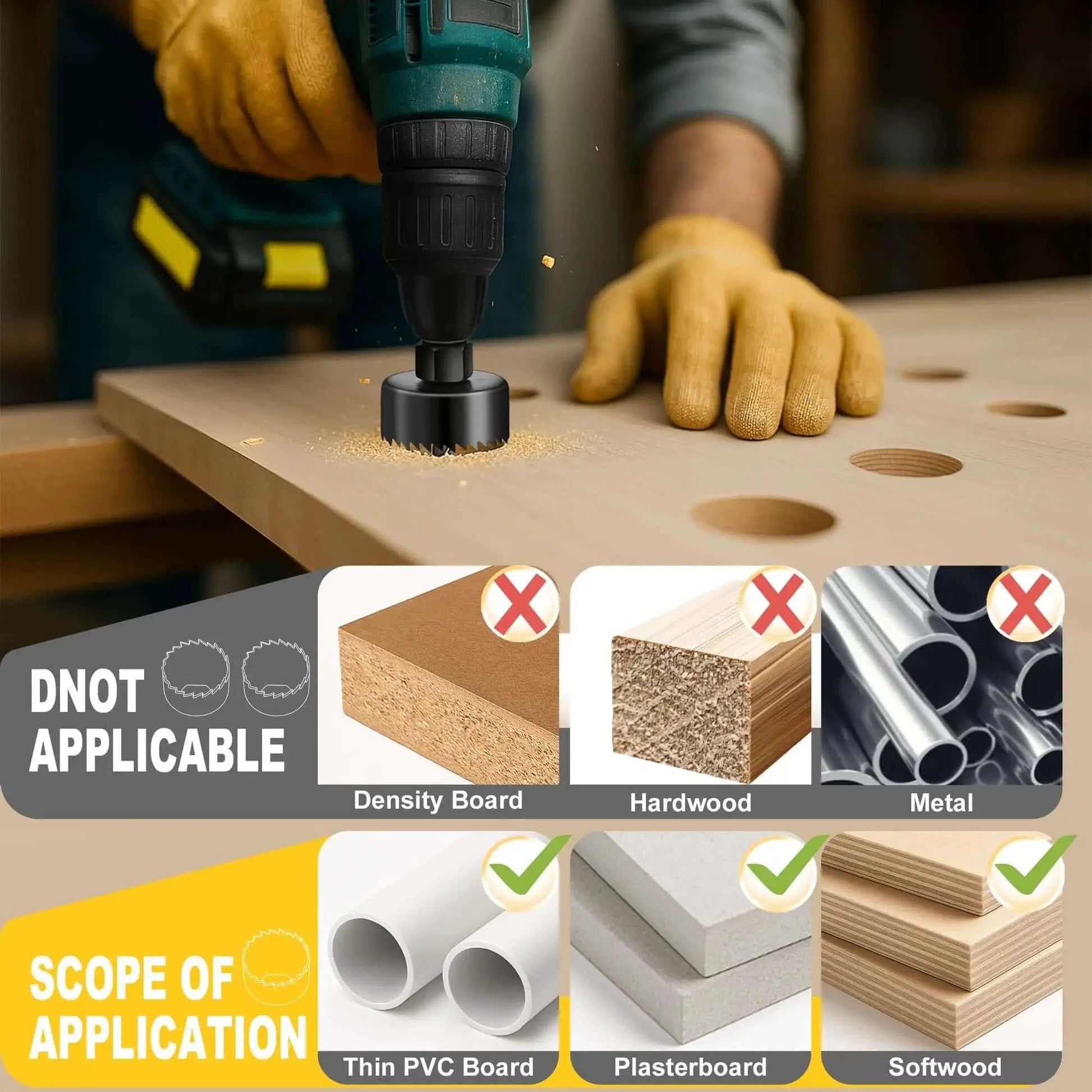 Drilling through wood using Six Piece Hole Saw Kit With Four Sizes From 1 1/4 Inch To 2 1/8 Inch Includes Mandrels And Hex Key