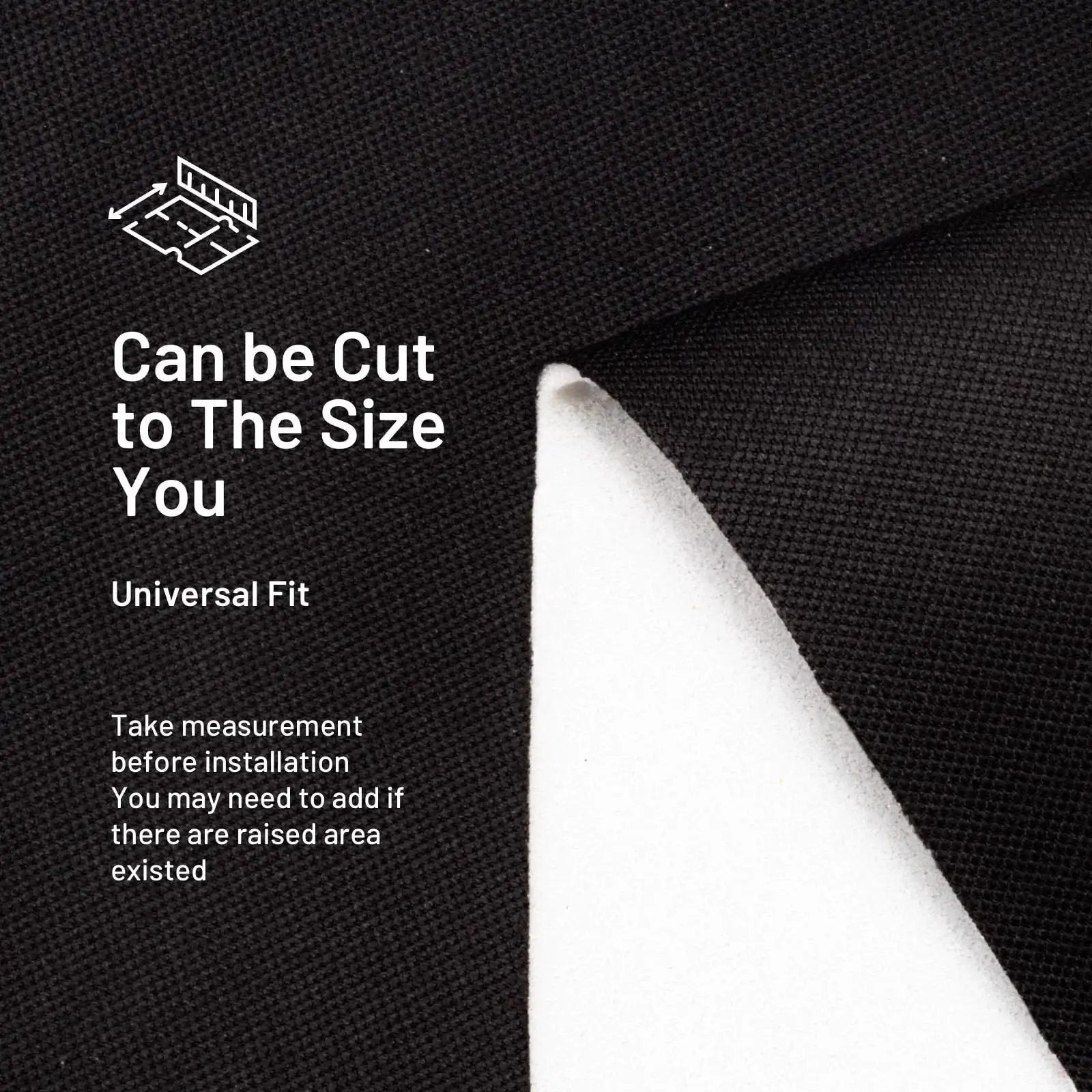 Close-up of 97 Inch Black Headliner Fabric With Foam Backing Mesh Type Tube Packaging, showing universal fit and cut-to-size details.