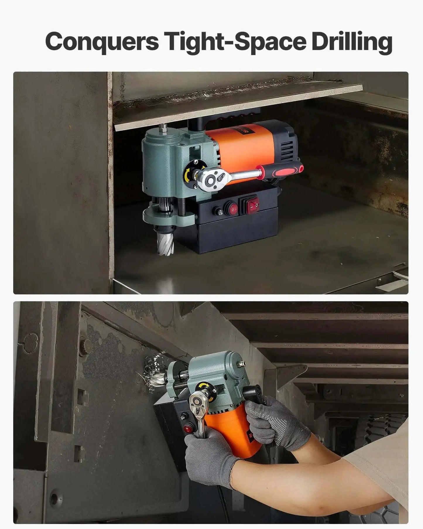 Low Profile Magnetic Drill Press With 1300W Power, 1.4 Inch Boring Capacity, Portable Weldon Shank Mag Drill in tight space