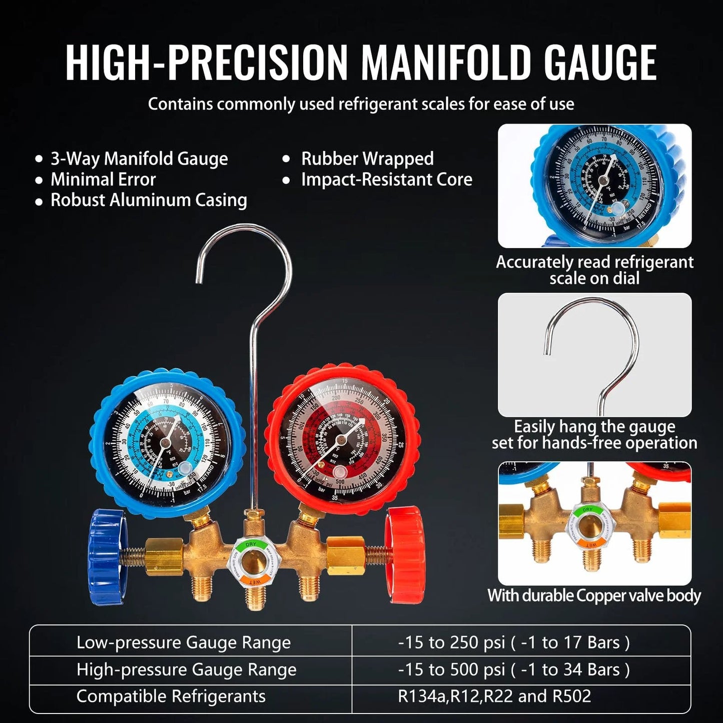 HVAC Vacuum Pump And Gauge Kit With Leak Detector For Mini Split And Auto Systems, Pro Grade 4.5 CFM 1/3 HP, Manifold Display