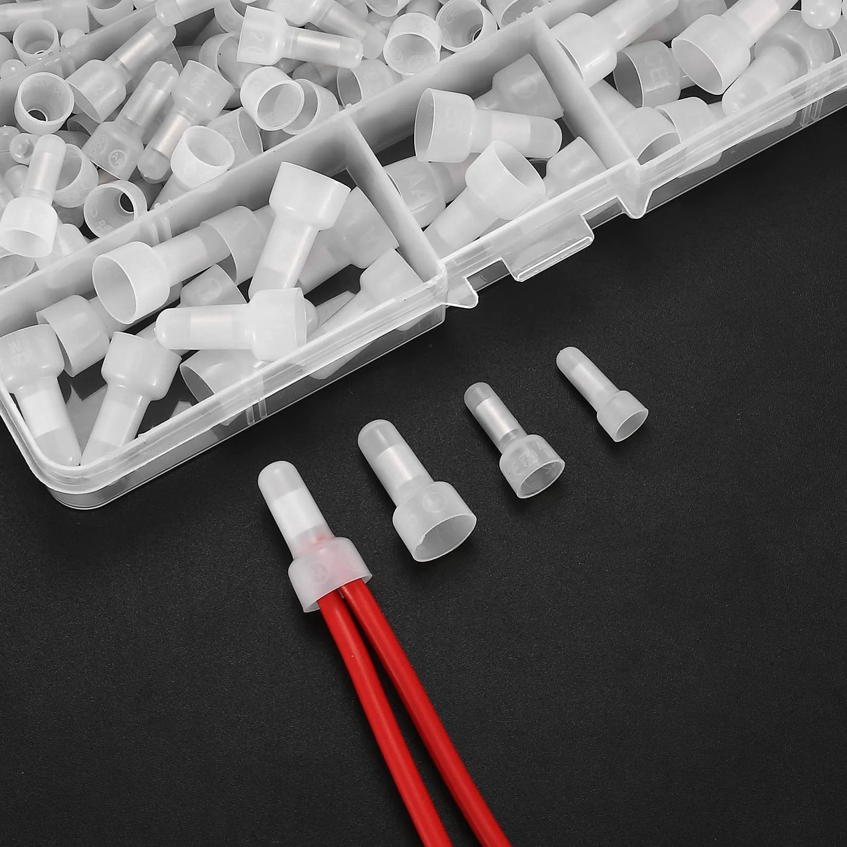 DIY Friendly Closed End Wire Connectors Kit With 250 Pieces Nylon Insulated Aluminum Crimp Caps For 22-16 16-14 12-10 AWG Wiring Easy Crimp Terminal Connectors Set For Auto And Home Projects WoshilaoDS displayed with wires
