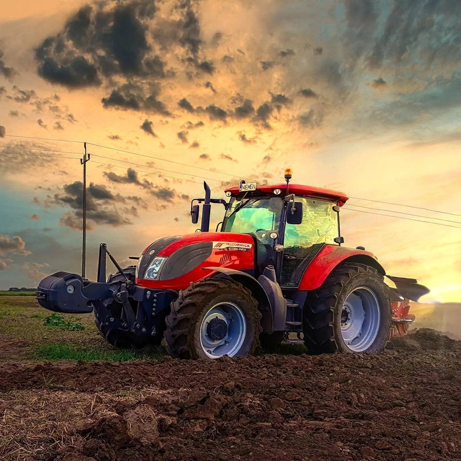 Red tractor plowing a field at sunset with a dramatic sky in the background.
