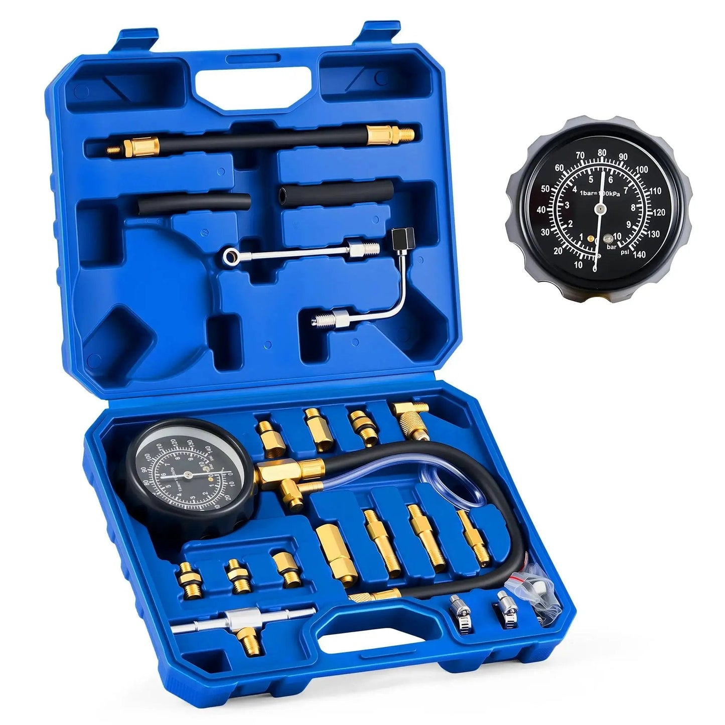 Fuel Pressure Test Kit 0 To 140 PSI With Hoses And Adapters For Cars Trucks in a blue carrying case