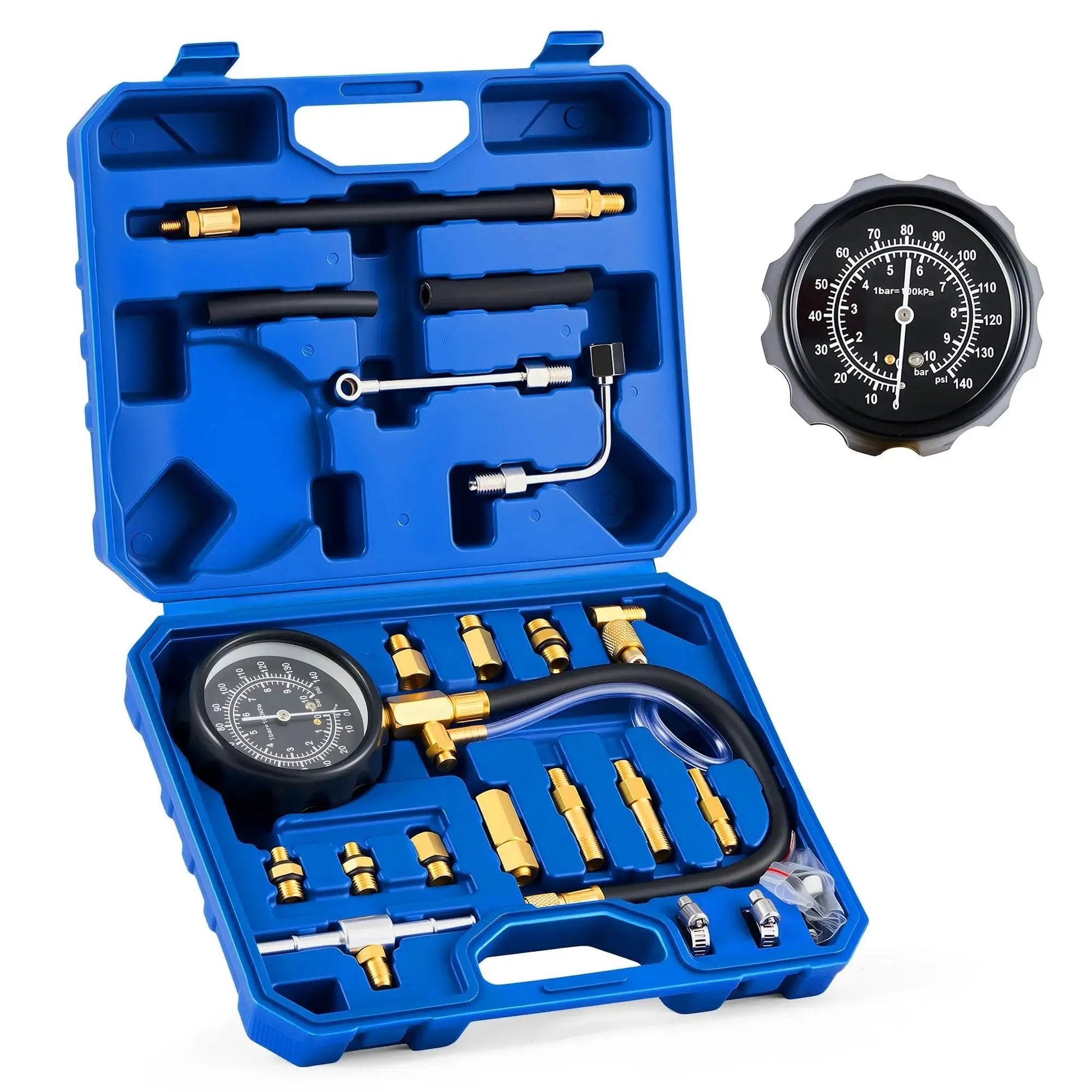 Fuel Pressure Test Kit 0 To 140 PSI With Hoses And Adapters For Cars Trucks in a blue carrying case