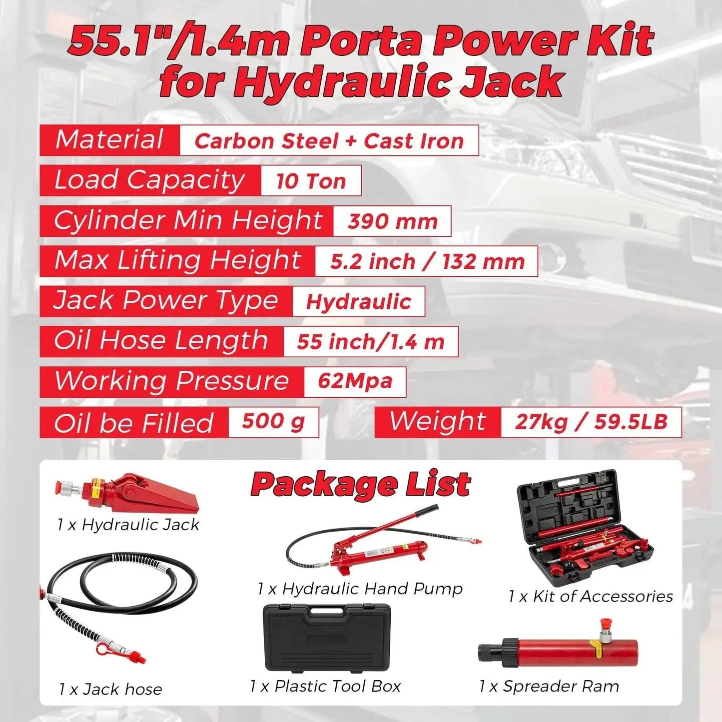 Image showing the 12 Ton Hydraulic Jack Kit With 55 Inch Hose For Heavy Duty Vehicle Frame Repair, including components.