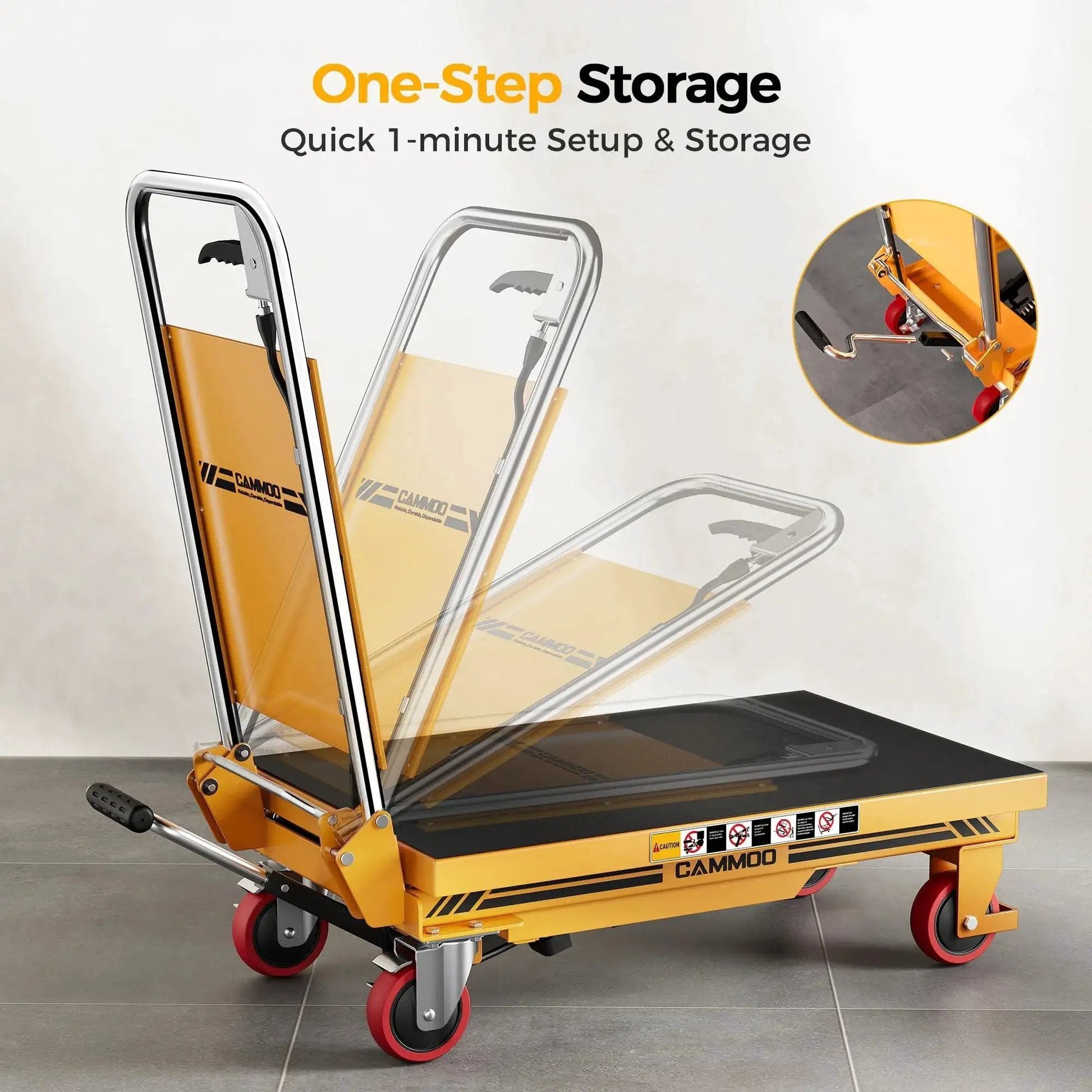Foldable Hydraulic Lift Table Cart 500lb Capacity With Non Slip Pad 28.5 Inches in folded position with red caster wheels.