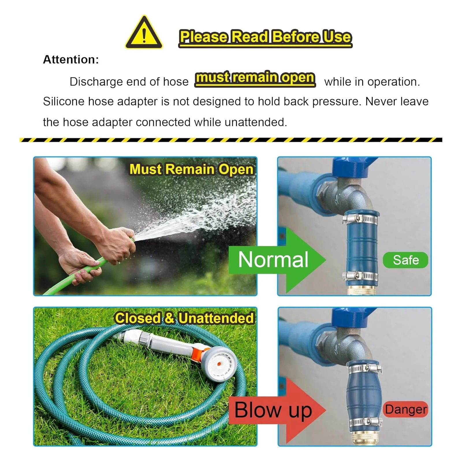 Diagram showing Universal Faucet Hose Adapter With Three Quarter Inch Brass Threaded End in use, instructions on proper hose connection.