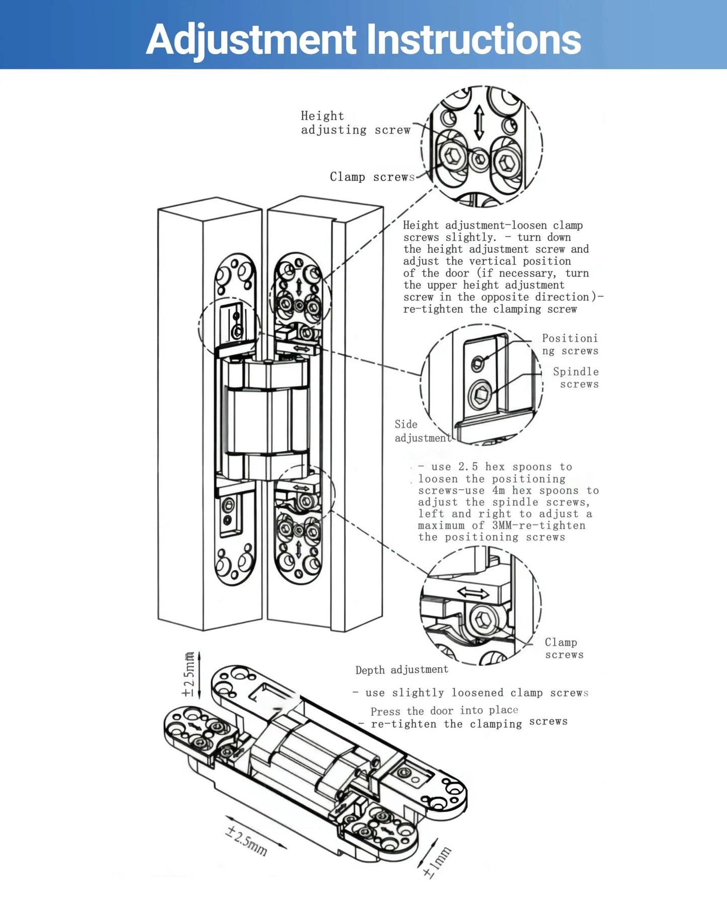 Diagram of Heavy Duty Concealed Door Hinges 7 Inch Black Set Of 2 Hidden Hinges showing adjustment instructions for height and position.