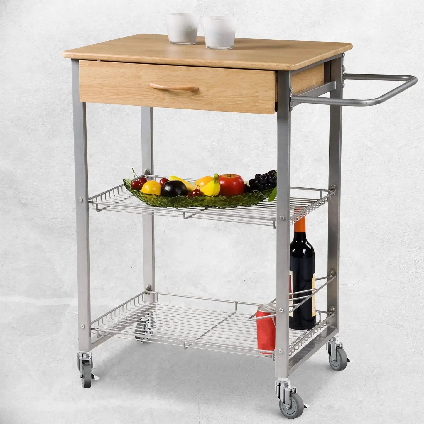 Kitchen cart with wooden top, wire shelves, and 4-Inch Table Casters Set Of 4 With Expanding Stem Stainless Steel Locking Non Marring Rubber Wheels