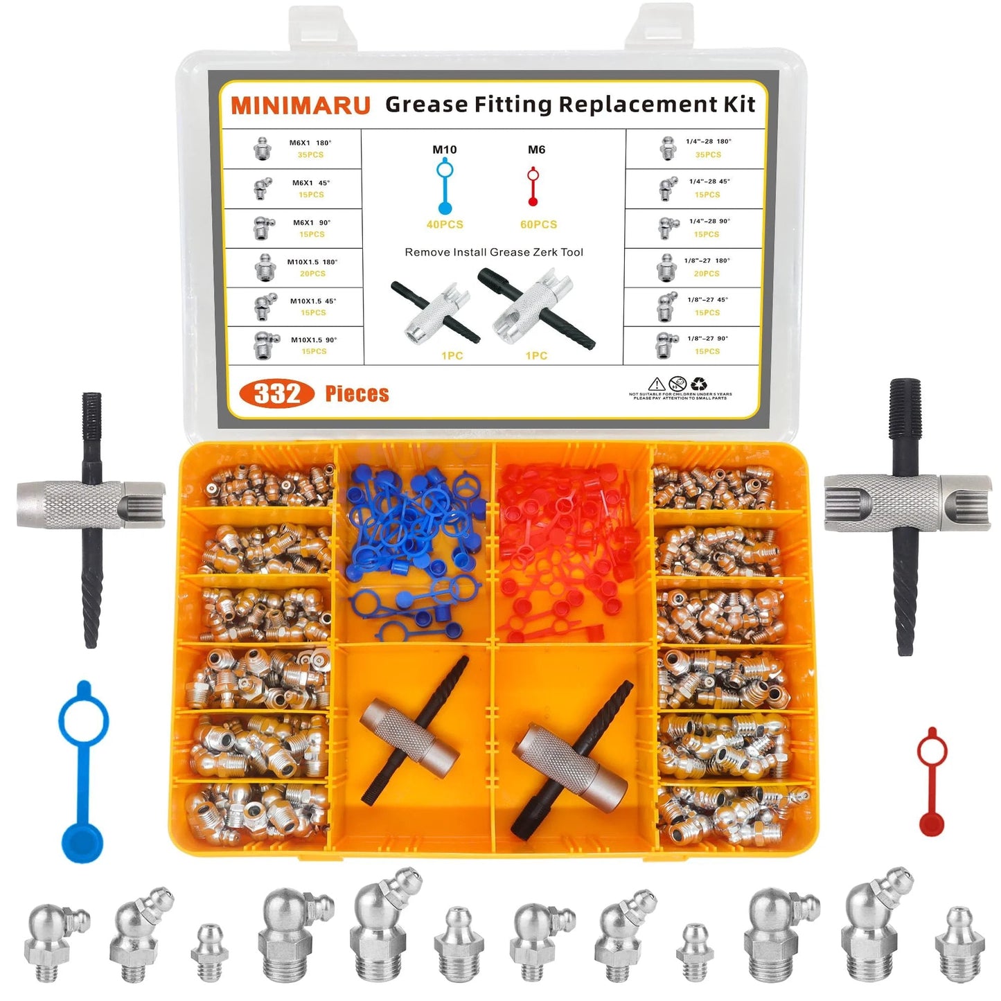 Grease Fitting Replacement Kit SAE And Metric With One Quarter Inch And One Eighth Inch Straight And 45 Degree And 90 Degree Zerks Hydraulic Fittings With Plastic Cap Covers 2 Multi Tools 332 Piece Set