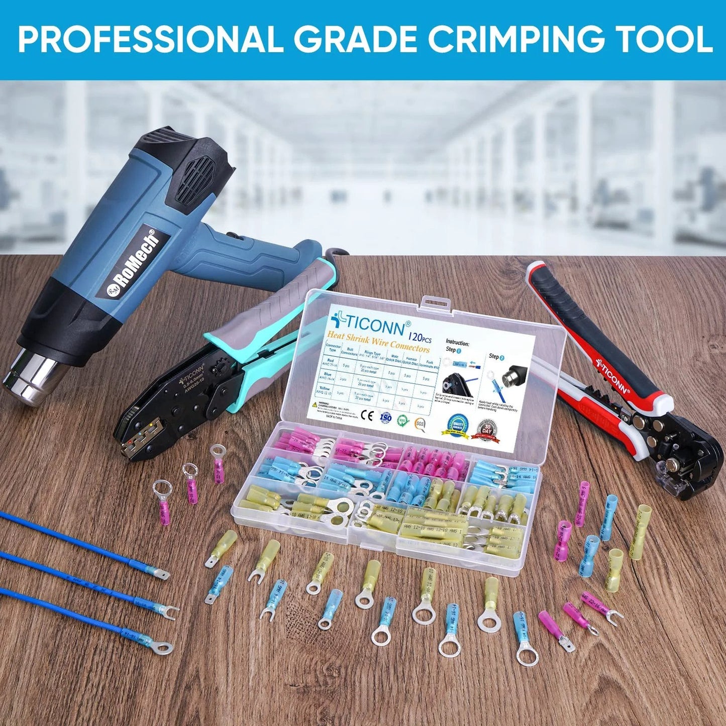 Heat Shrink Wire Connector Kit With 120 Pcs Waterproof Automotive Marine Electrical Terminals Assortment on a table