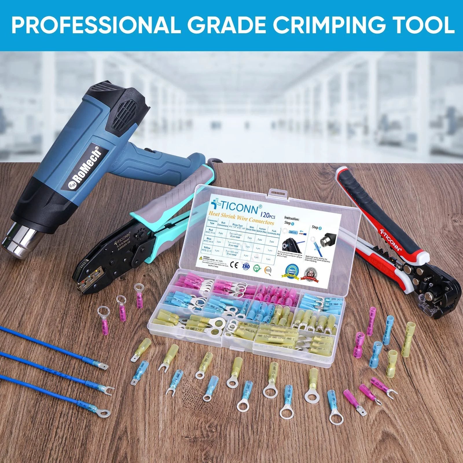 Heat Shrink Wire Connector Kit With 120 Pcs Waterproof Automotive Marine Electrical Terminals Assortment on a table
