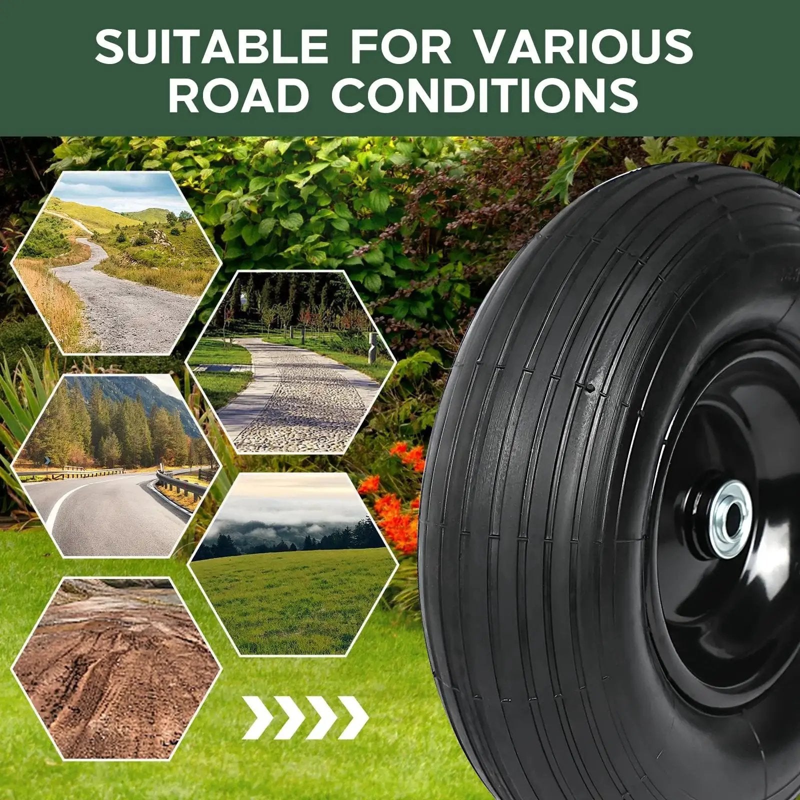 13 Inch Solid Flat Free Replacement Tire And Wheel 4.00-6 For Wheelbarrows on various road conditions background