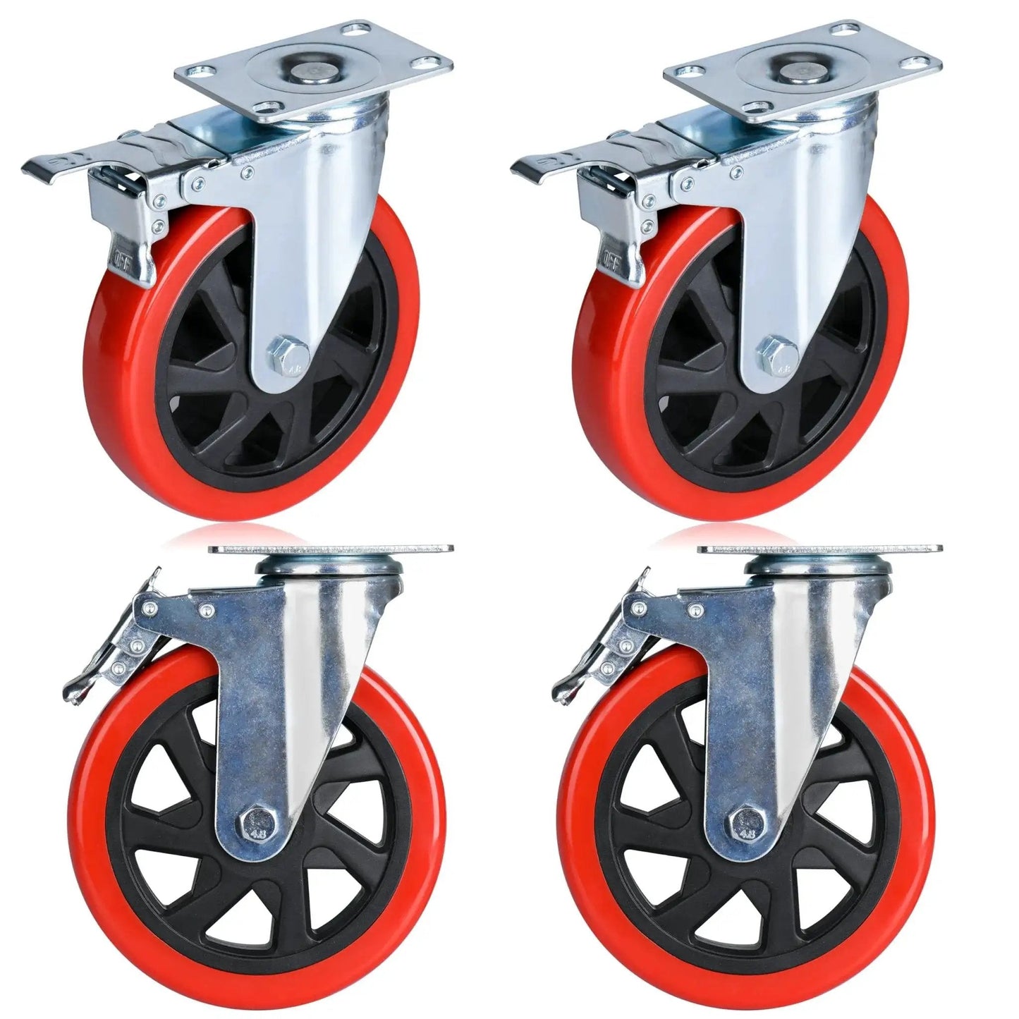 6 Inch Heavy Duty Swivel Caster Wheels Set Of 4 With Brakes And Lockable Bearing Plate Up To 3000 Lbs Per Caster Quiet Polyurethane