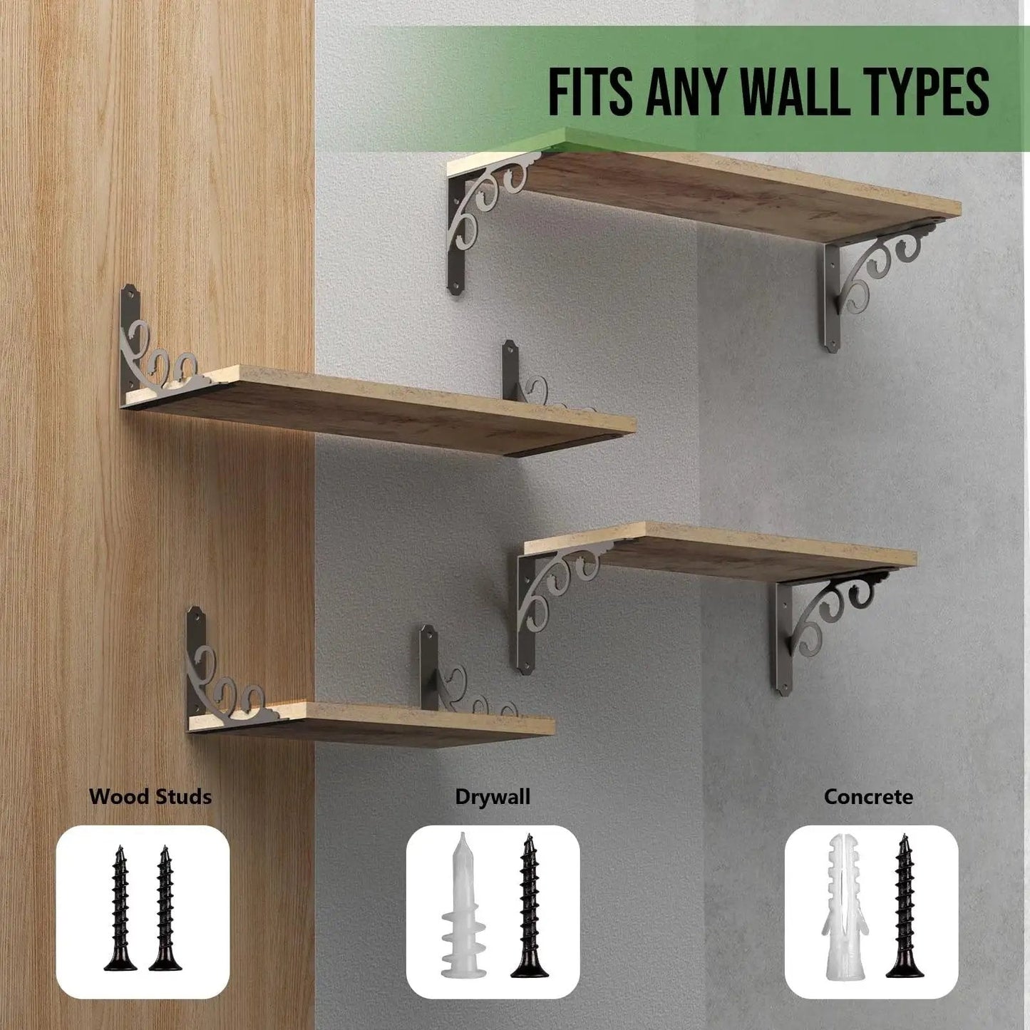 L Shaped Shelf Brackets For 8 To 10 Inch Boards Heavy Duty Metal Floating Shelf Brackets installed on various wall types with decorative iron design.