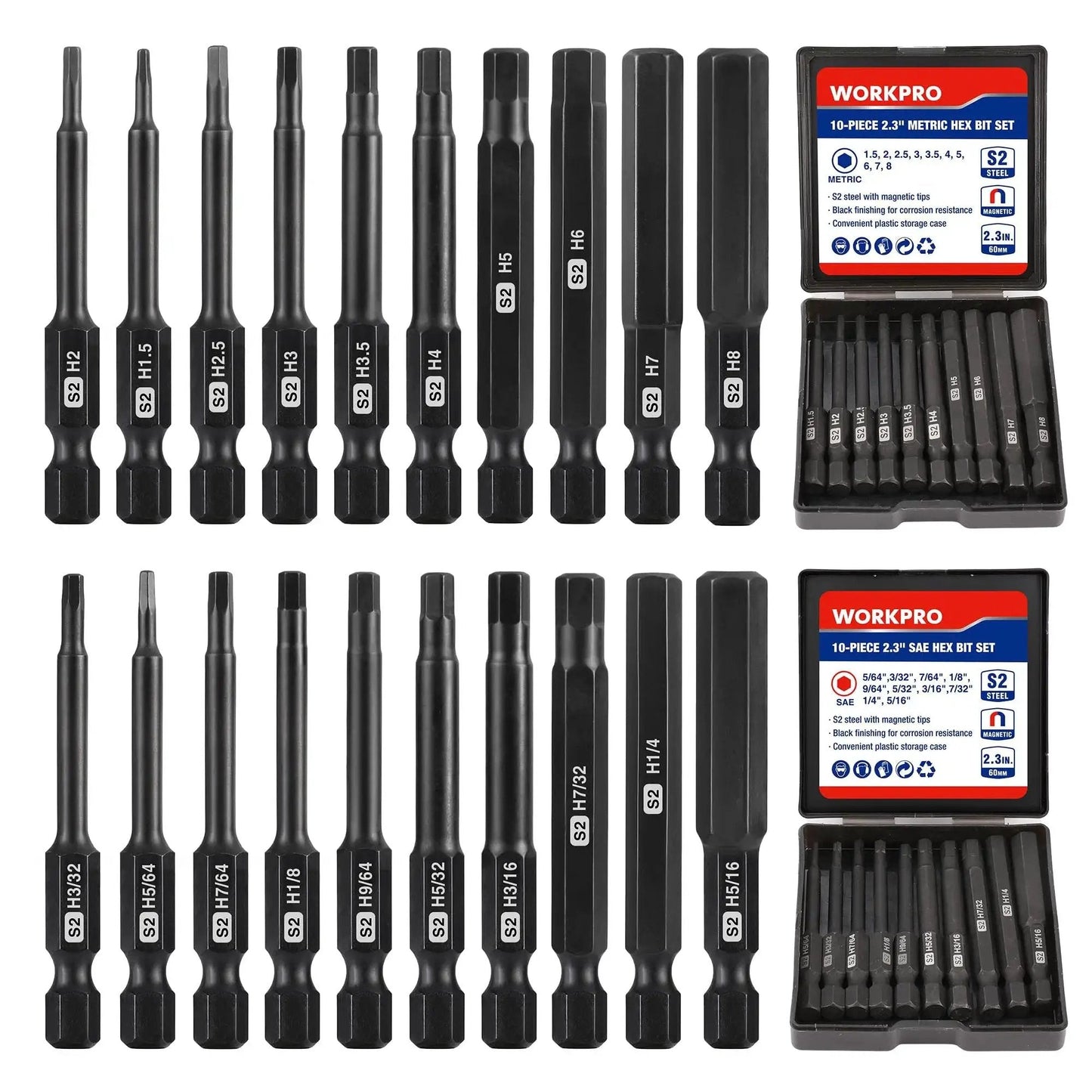20 Piece Hex Head Allen Wrench Drill Bit Set With Magnetic S2 Steel CNC Machined Bits Metric And SAE Hex Bits One Quarter Inch Square Shank 2.3 Inch Long Driver Bits Includes Storage Box displayed with open storage boxes