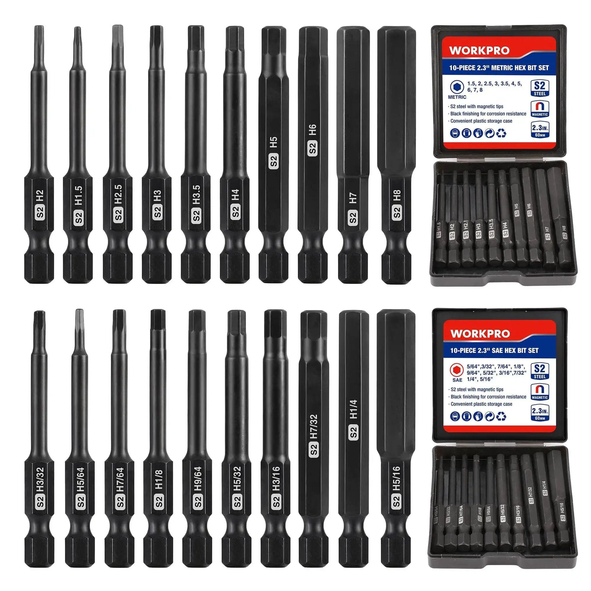 20 Piece Hex Head Allen Wrench Drill Bit Set With Magnetic S2 Steel CNC Machined Bits Metric And SAE Hex Bits One Quarter Inch Square Shank 2.3 Inch Long Driver Bits Includes Storage Box displayed with open storage boxes