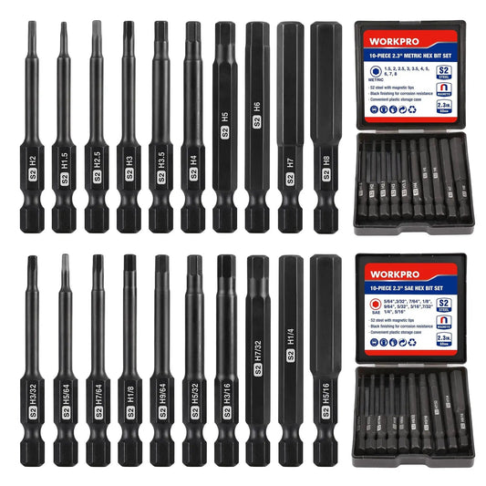 20 Piece Hex Head Allen Wrench Drill Bit Set With Magnetic S2 Steel CNC Machined Bits Metric And SAE Hex Bits One Quarter Inch Square Shank 2.3 Inch Long Driver Bits Includes Storage Box displayed with open storage boxes
